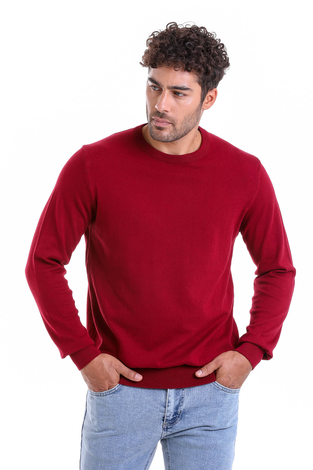 Regular Fit Cotton Burgundy Crewneck Sweater - SAYKI