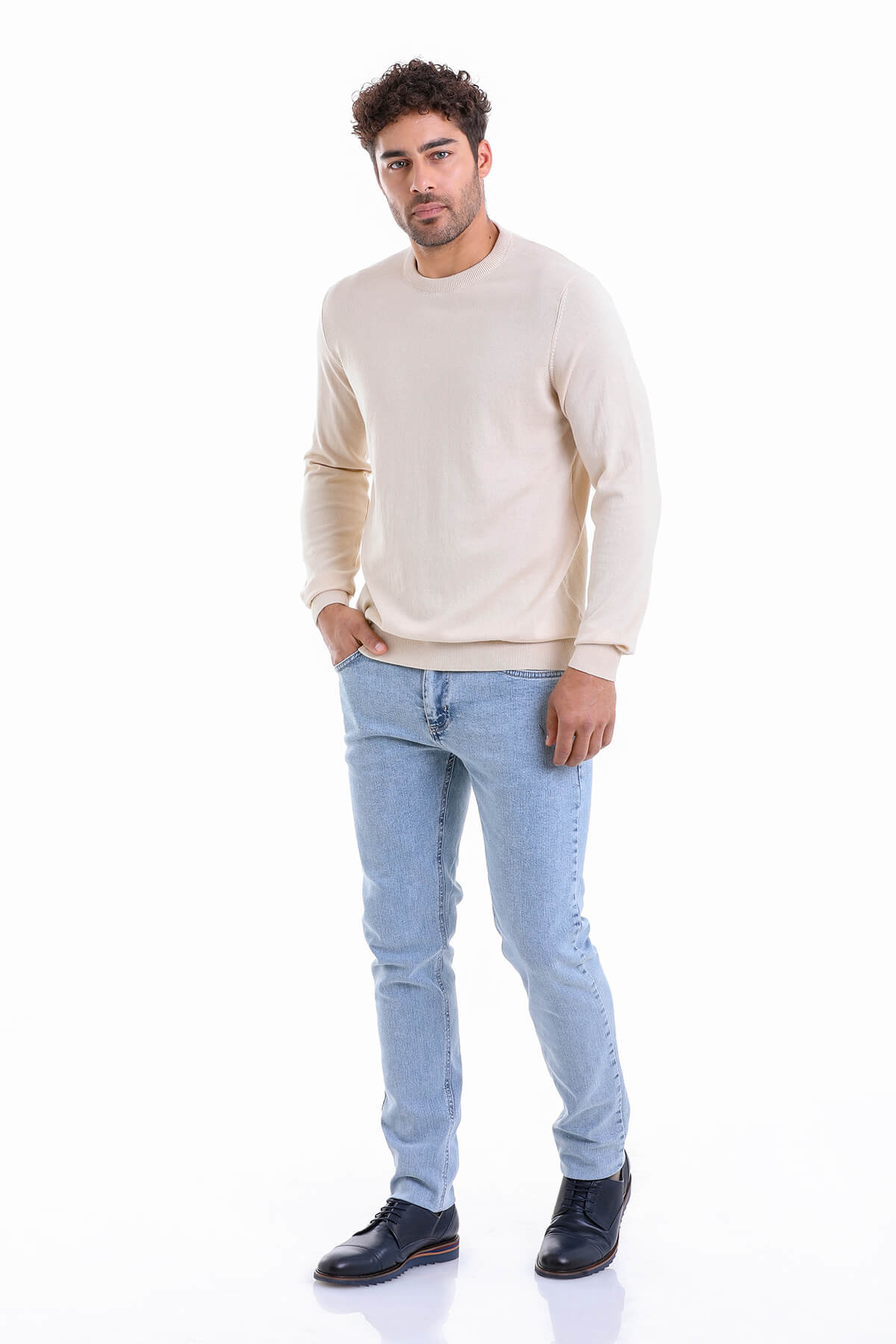 Regular Fit Cotton Cream Crewneck Sweater - SAYKI