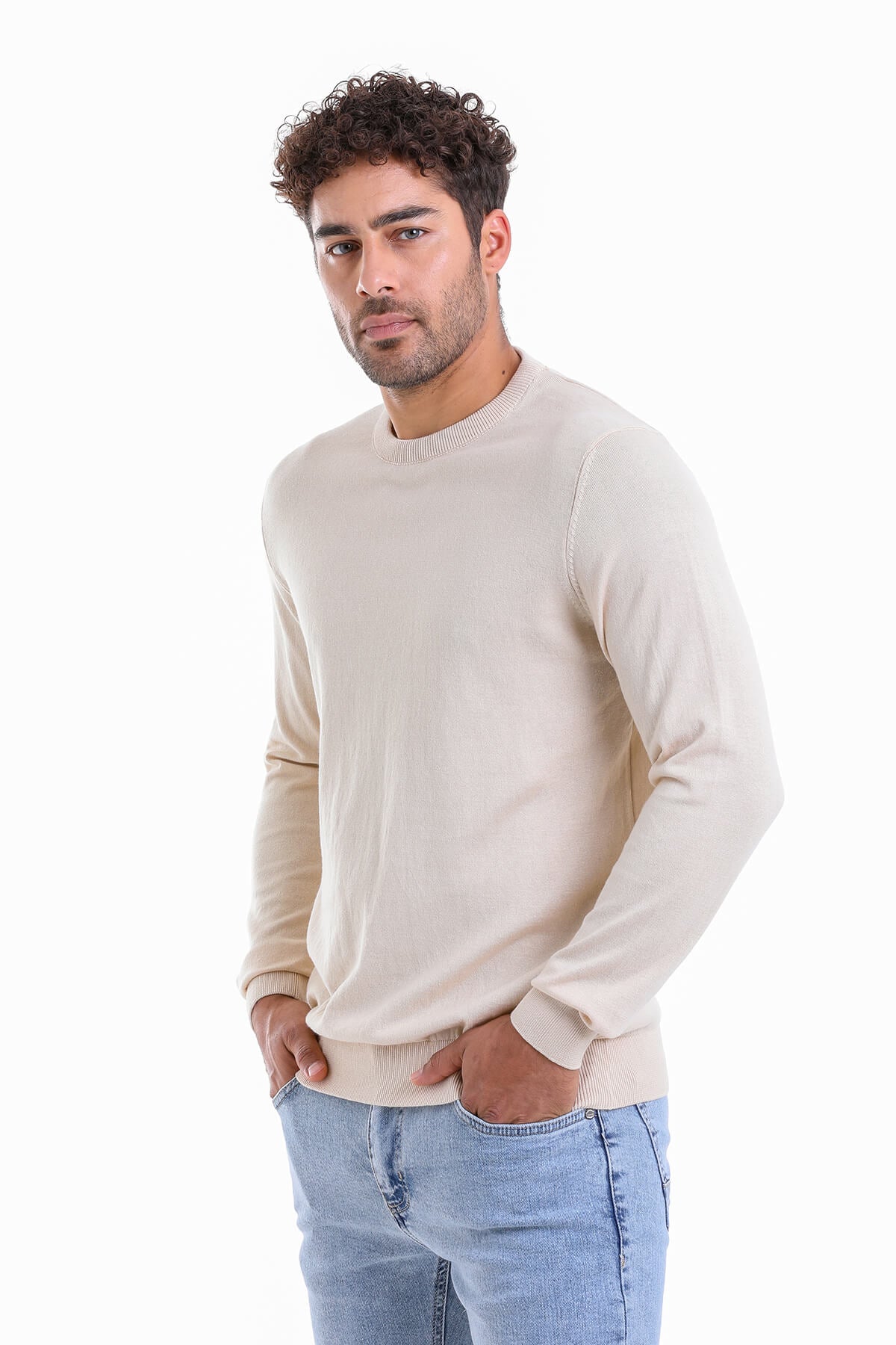 Regular Fit Cotton Cream Crewneck Sweater - SAYKI