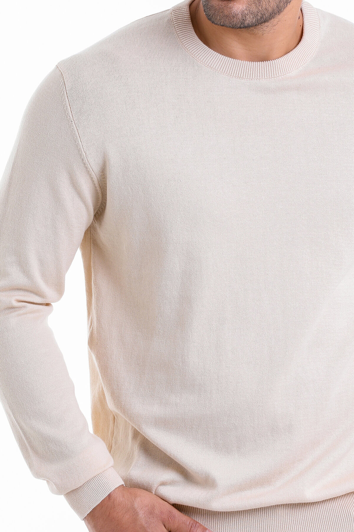 Regular Fit Cotton Cream Crewneck Sweater - SAYKI
