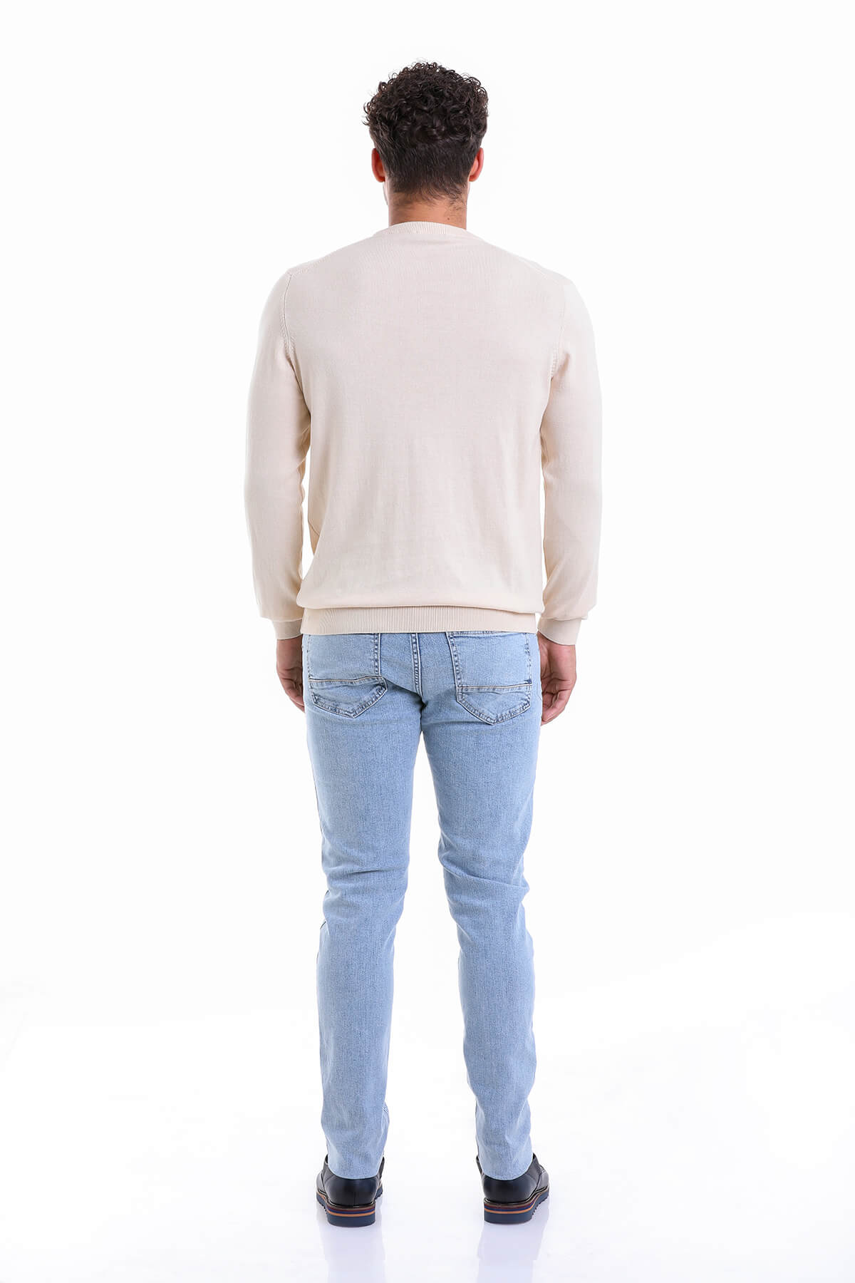 Regular Fit Cotton Cream Crewneck Sweater - SAYKI