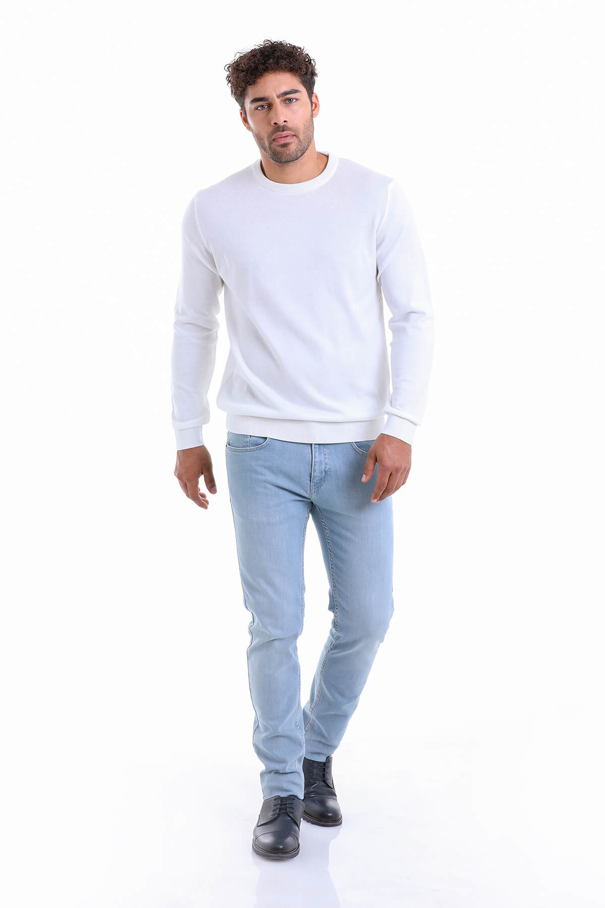 Regular Fit Cotton Ecru Crewneck Sweater - SAYKI