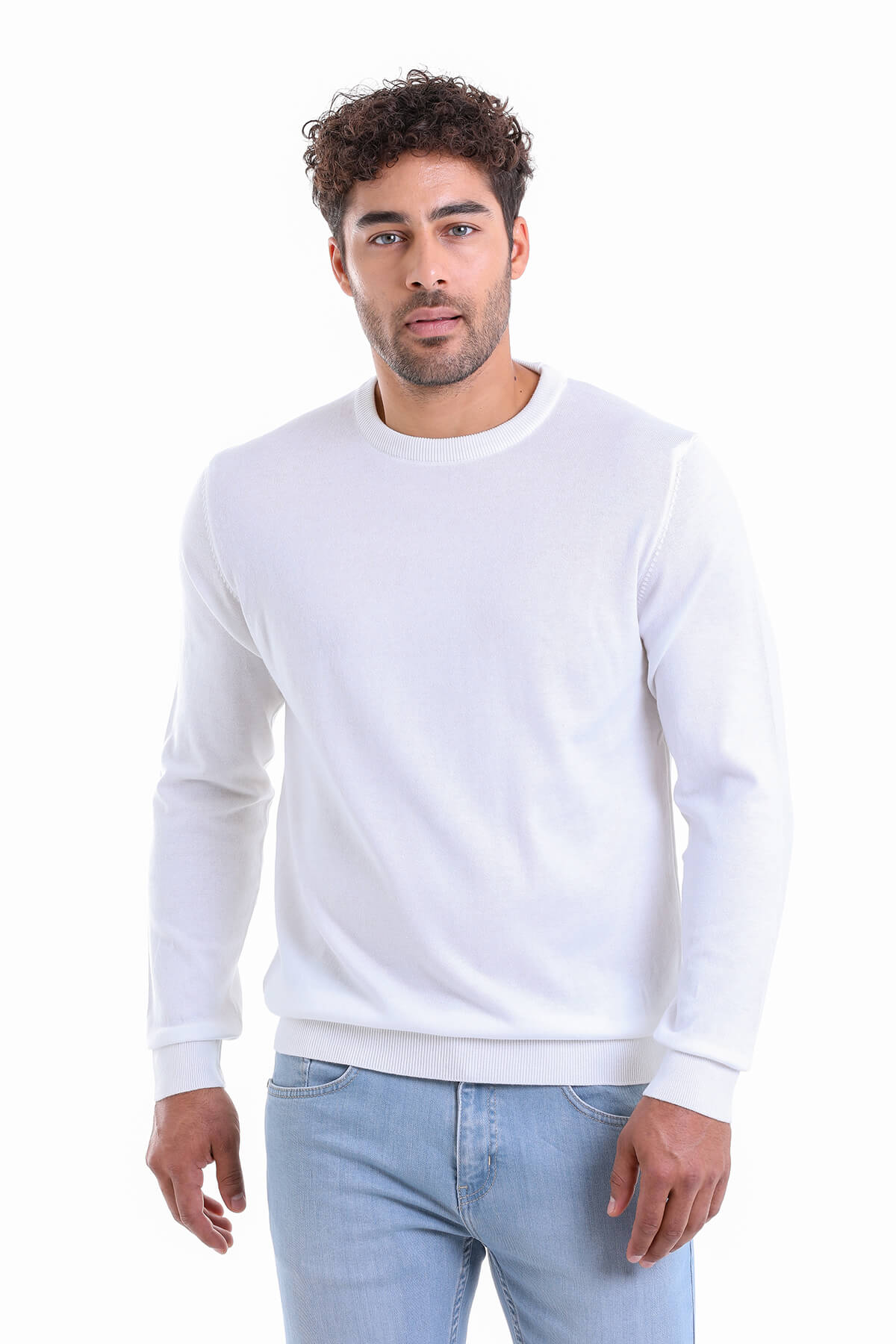 Regular Fit Cotton Ecru Crewneck Sweater - SAYKI