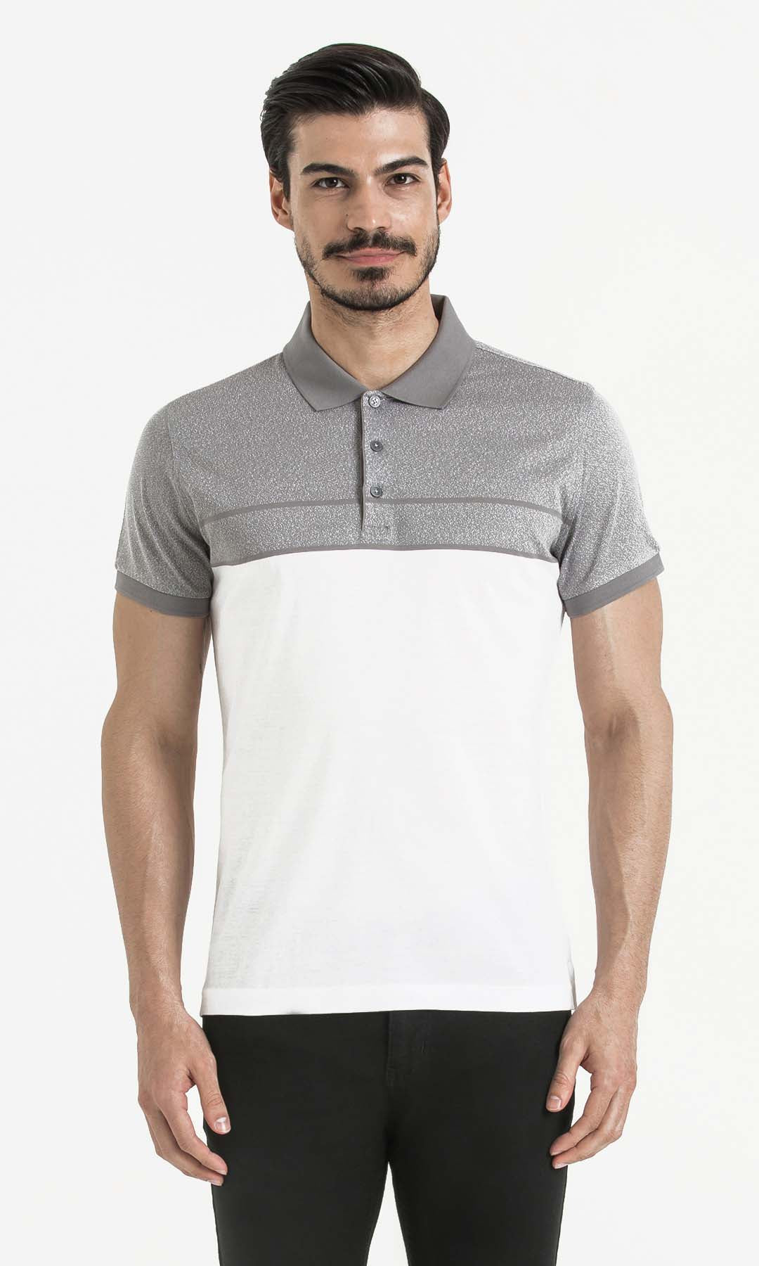 Regular Fit Cotton Gray - White Polo T-Shirt - SAYKI