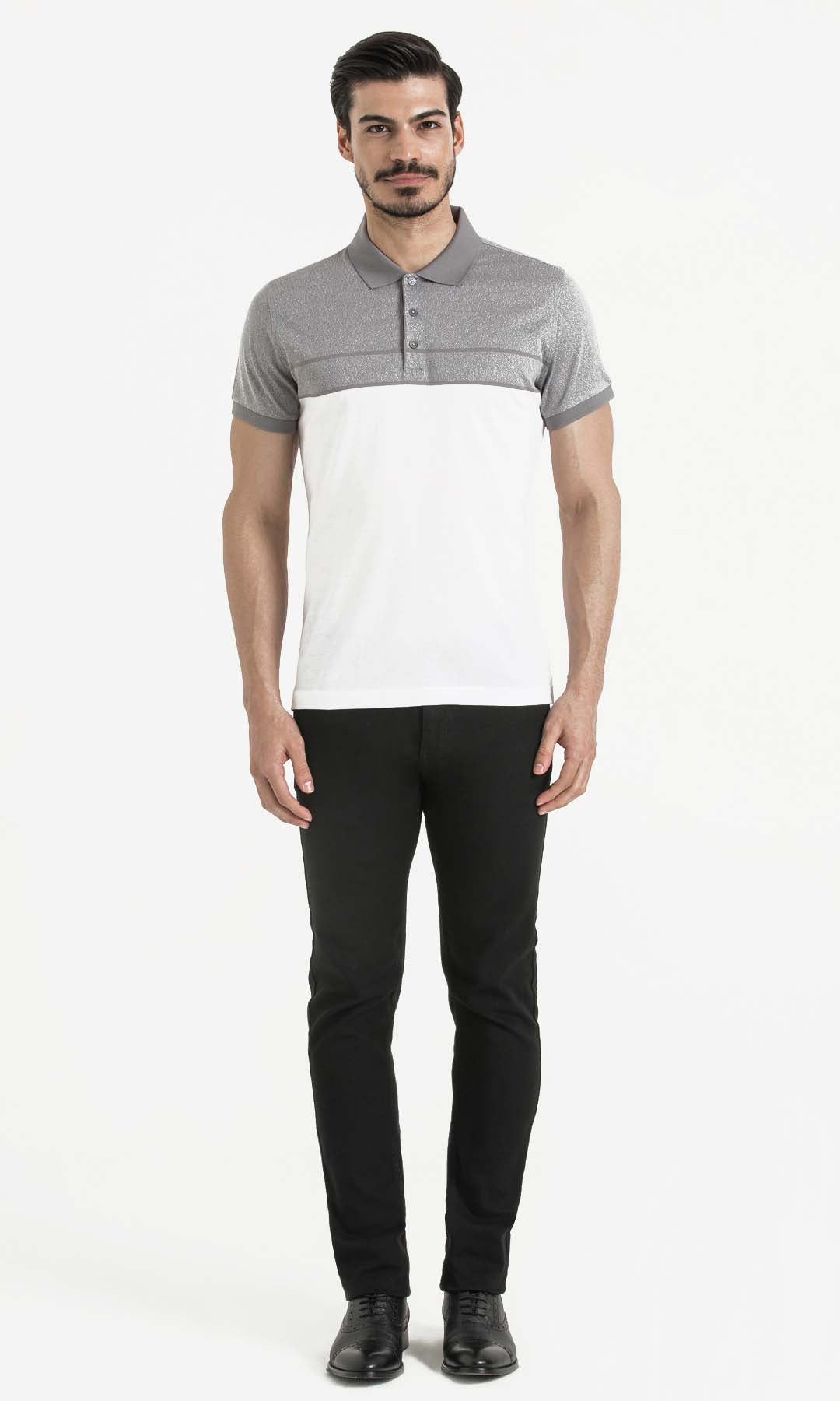 Regular Fit Cotton Gray - White Polo T-Shirt - SAYKI