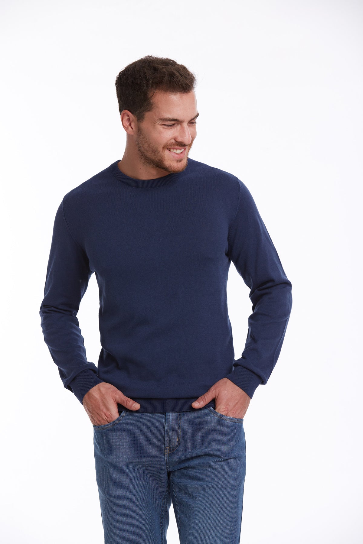Regular Fit Cotton Indigo Crewneck Sweater - SAYKI