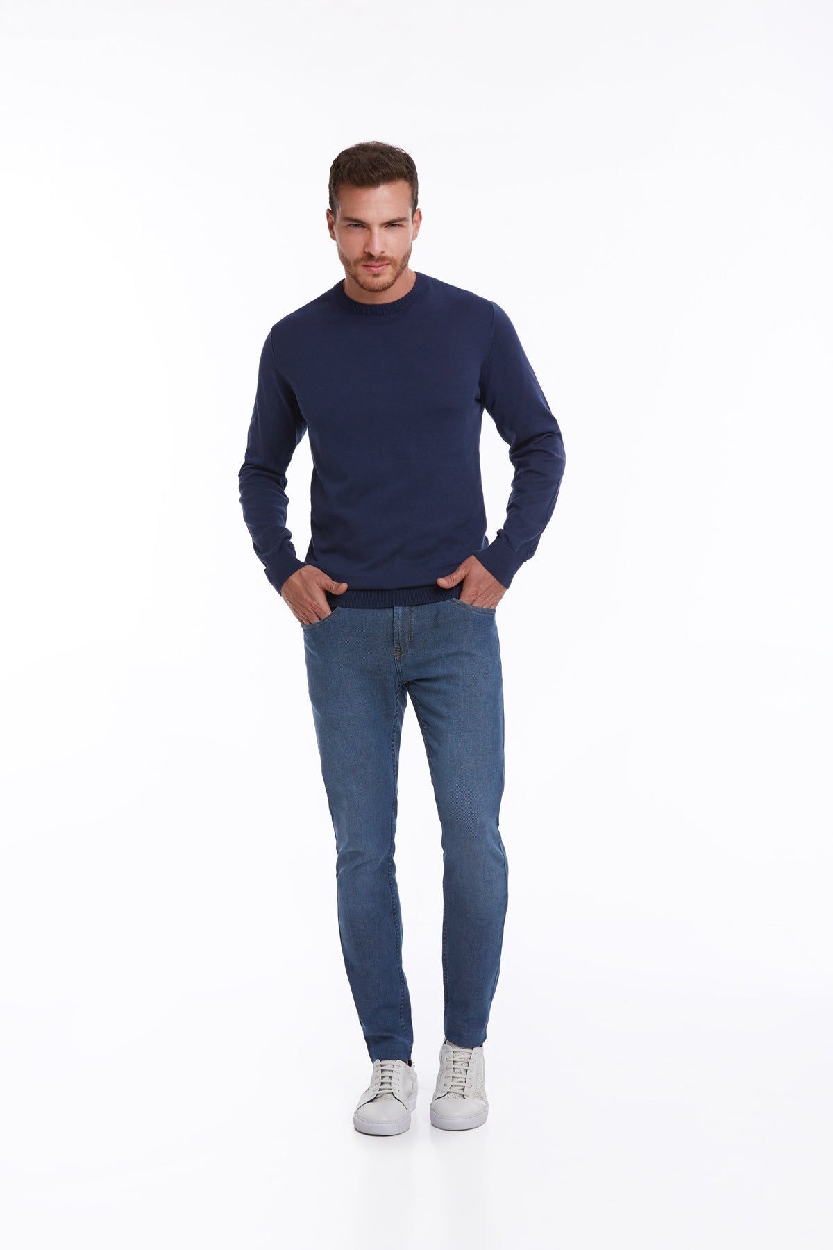 Regular Fit Cotton Indigo Crewneck Sweater - SAYKI