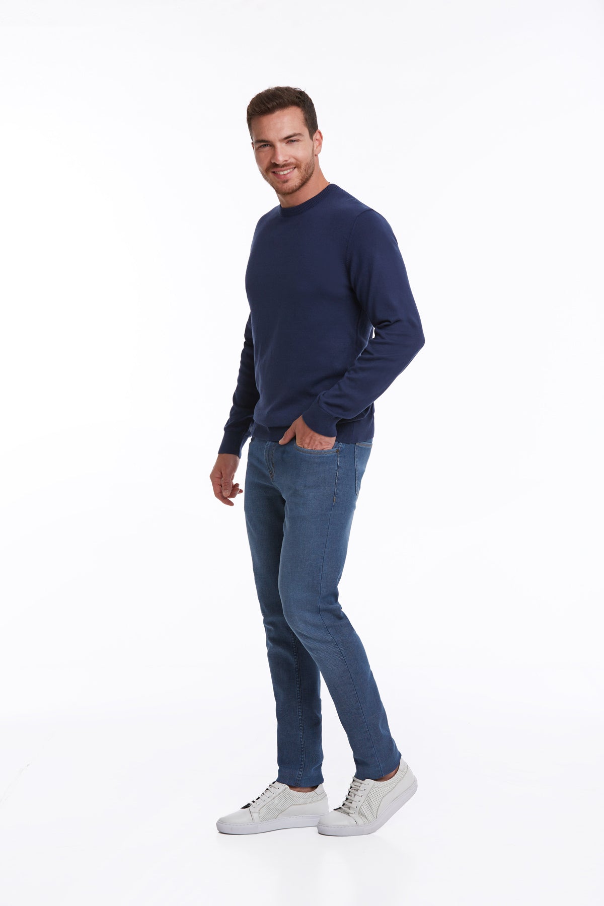 Regular Fit Cotton Indigo Crewneck Sweater - SAYKI