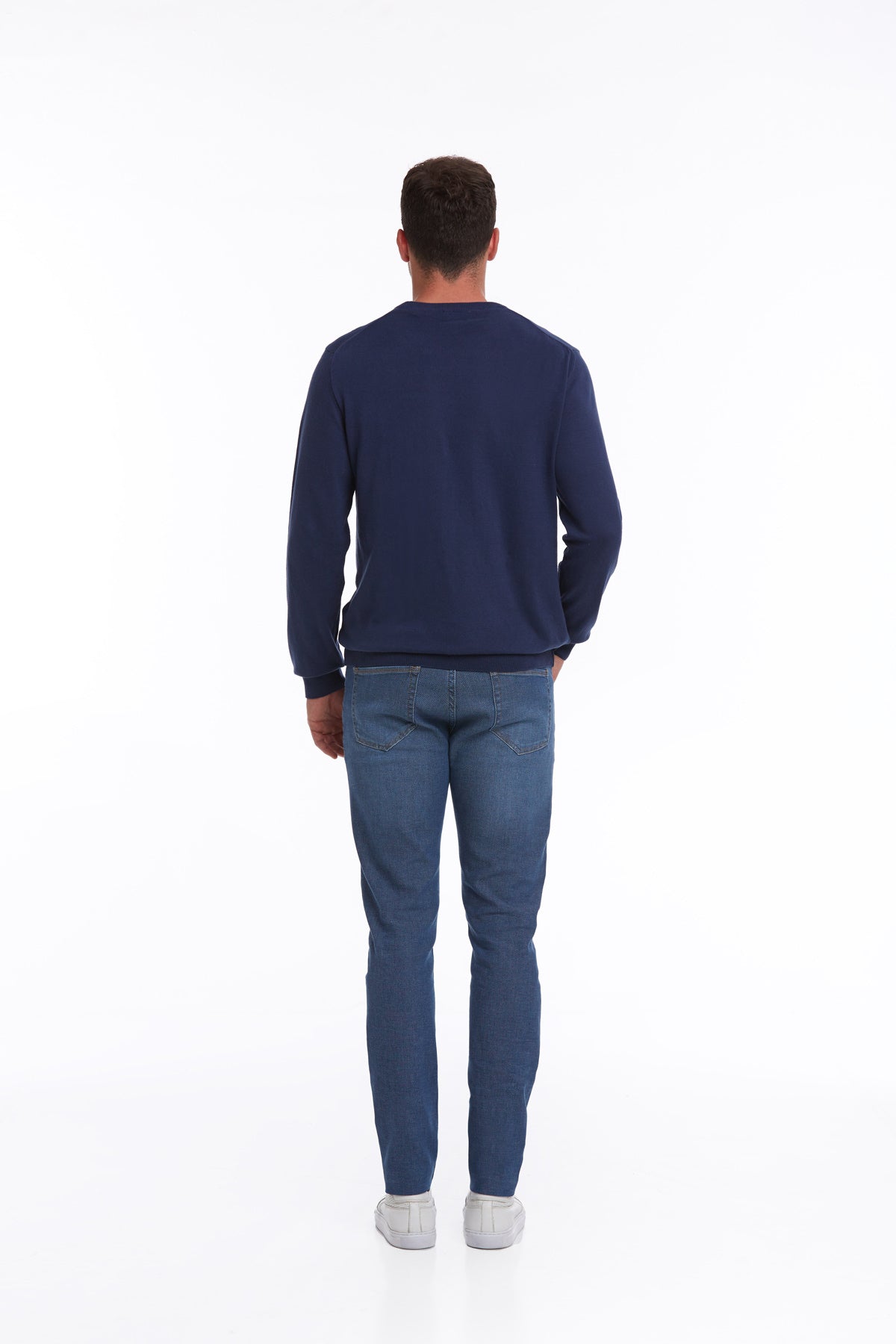 Regular Fit Cotton Indigo Crewneck Sweater - SAYKI