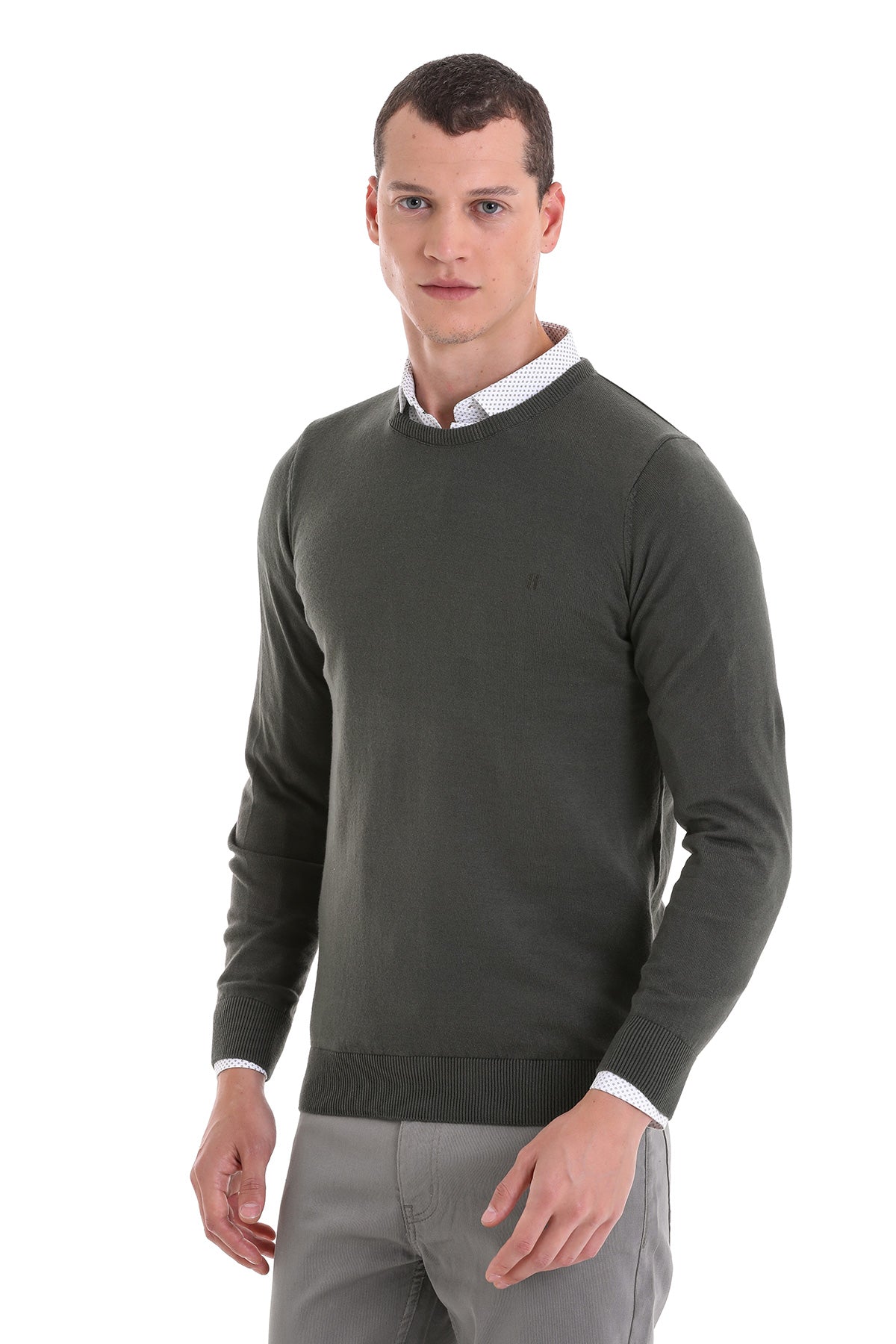 Regular Fit Cotton Khaki Crewneck Sweater - SAYKI