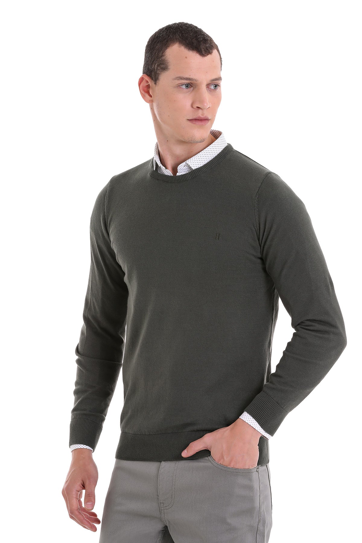 Regular Fit Cotton Khaki Crewneck Sweater - SAYKI