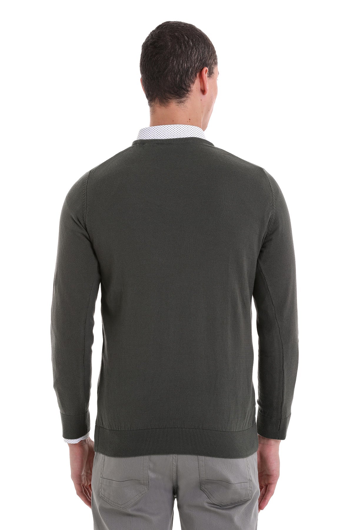 Regular Fit Cotton Khaki Crewneck Sweater - SAYKI