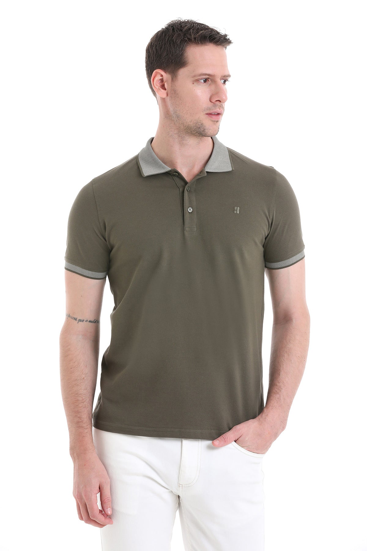 Olive green short-sleeved polo shirt with contrasting gray collar and sleeve trim.