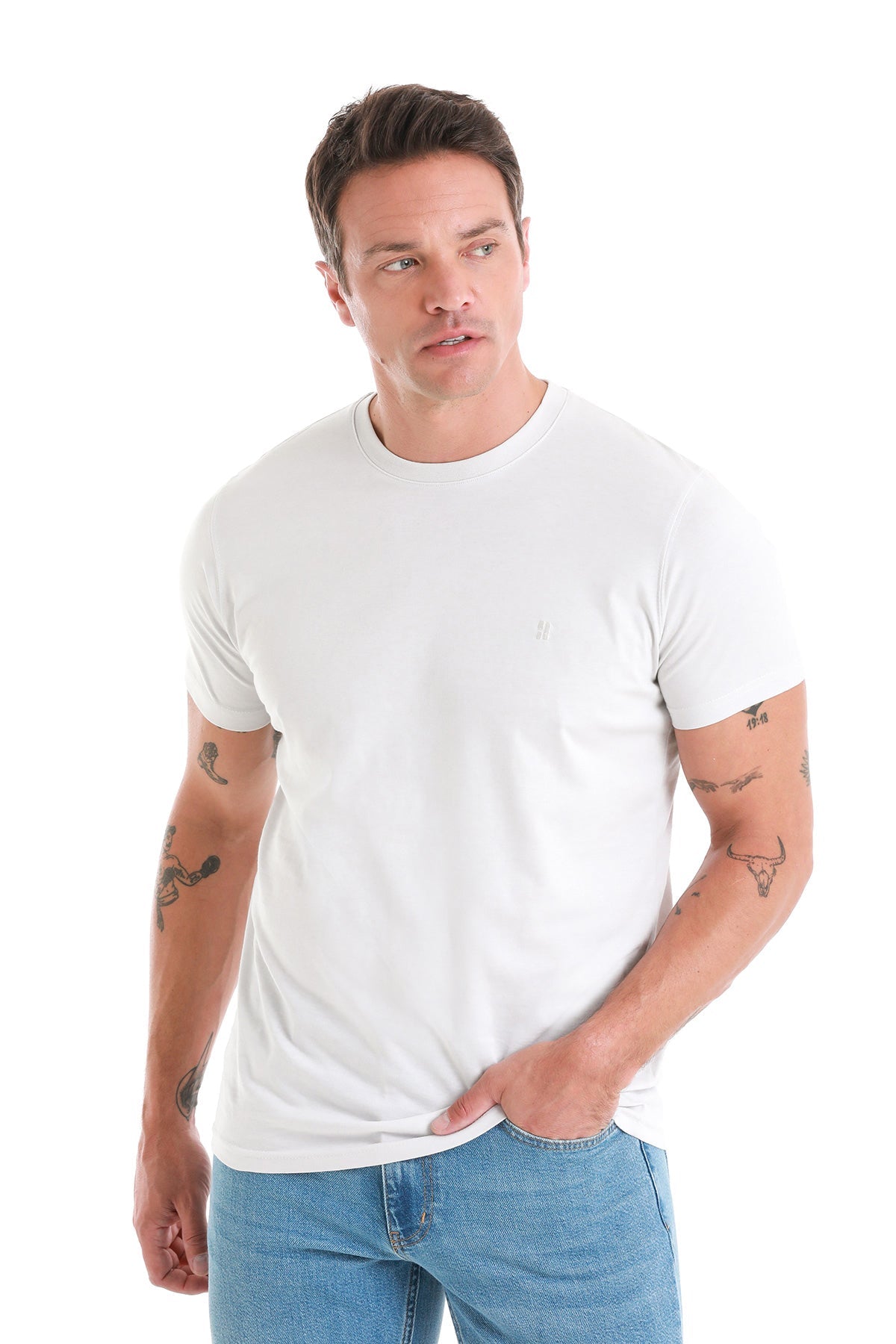 Regular Fit Cotton Light Gray Crew Neck T-Shirt - SAYKI