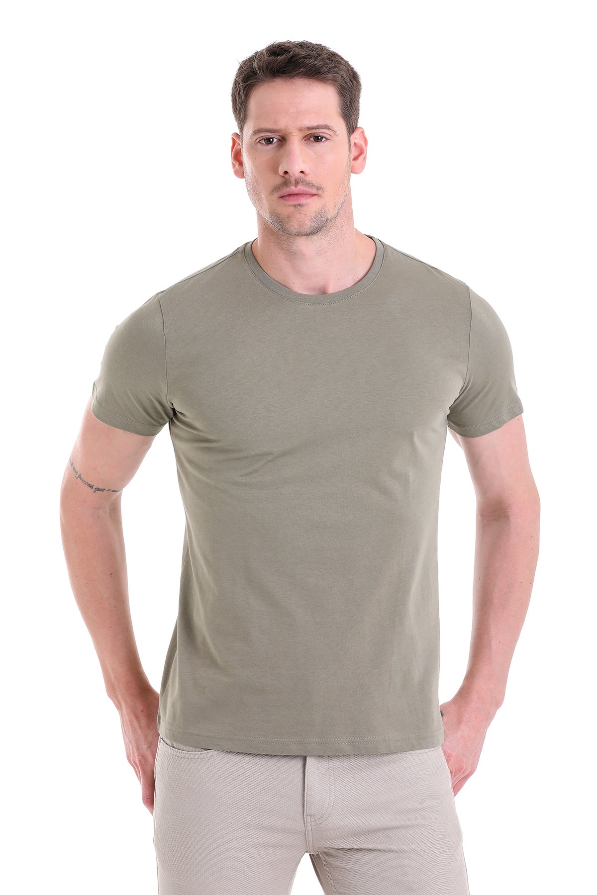 Regular Fit Cotton Light Khaki Crew Neck T-Shirt - SAYKI