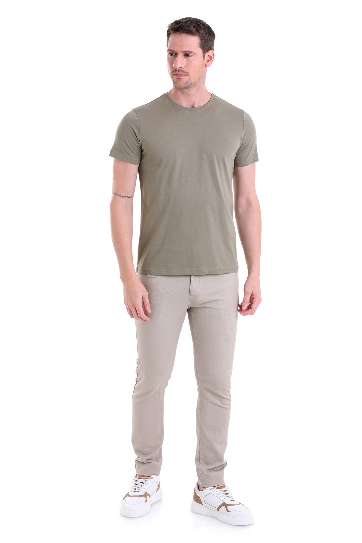 Regular Fit Cotton Light Khaki Crew Neck T-Shirt - SAYKI