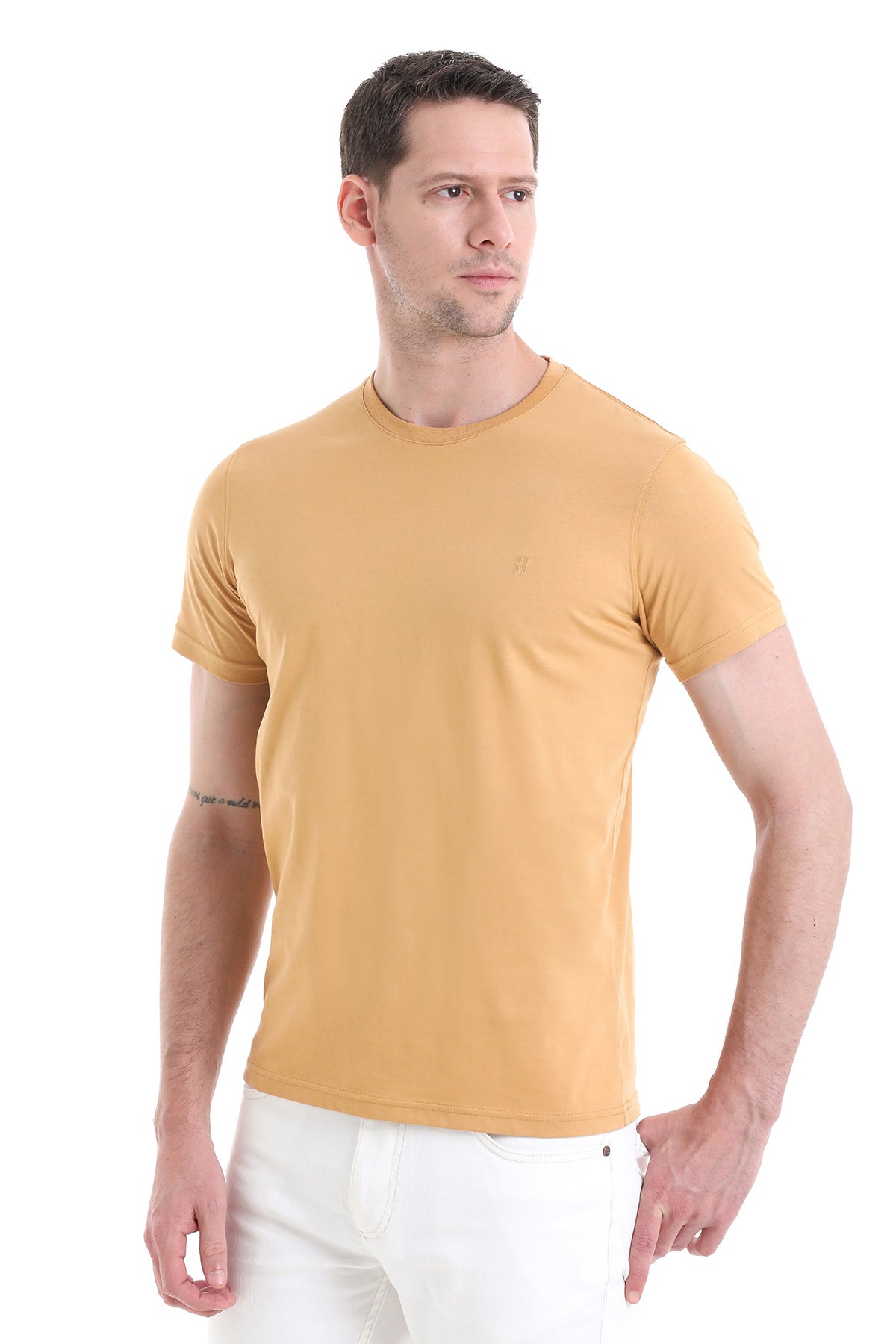 Regular Fit Cotton Mustard Crew Neck T-Shirt - SAYKI