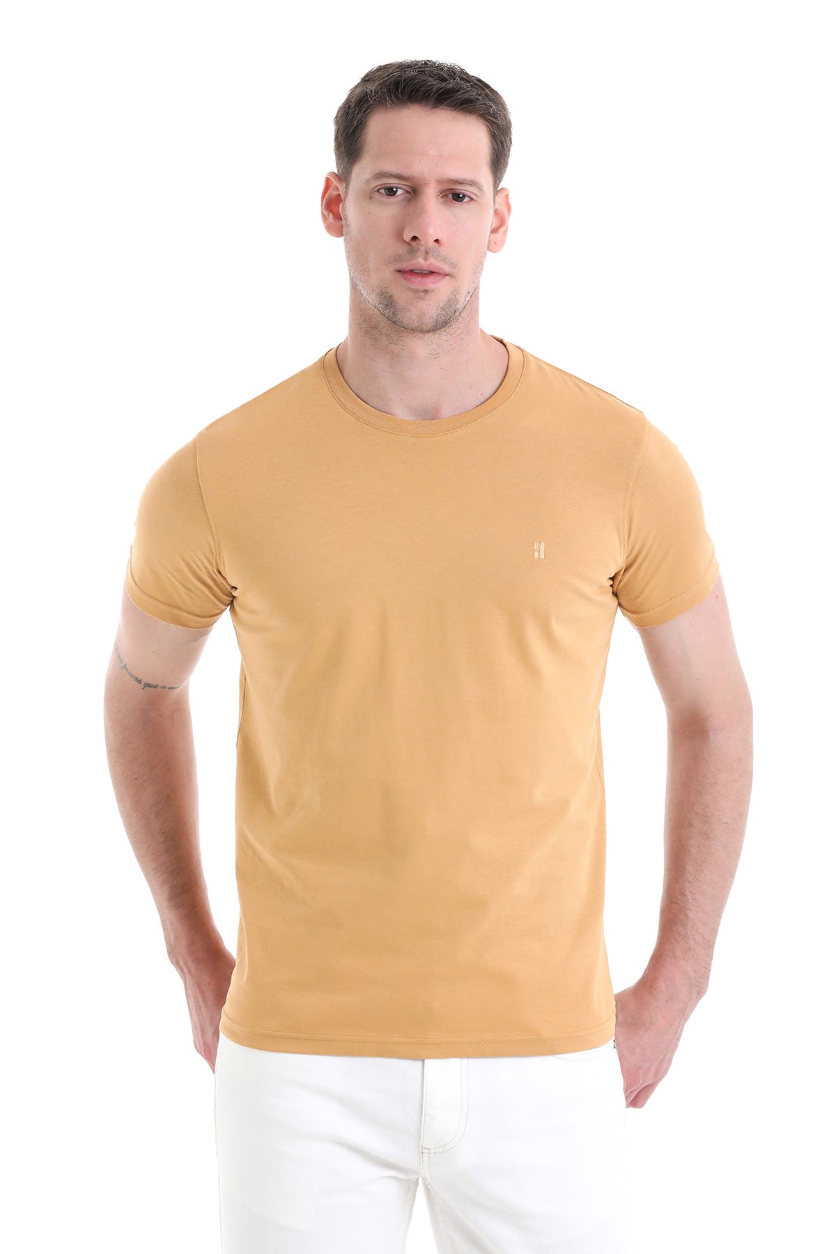 Regular Fit Cotton Mustard Crew Neck T-Shirt - SAYKI