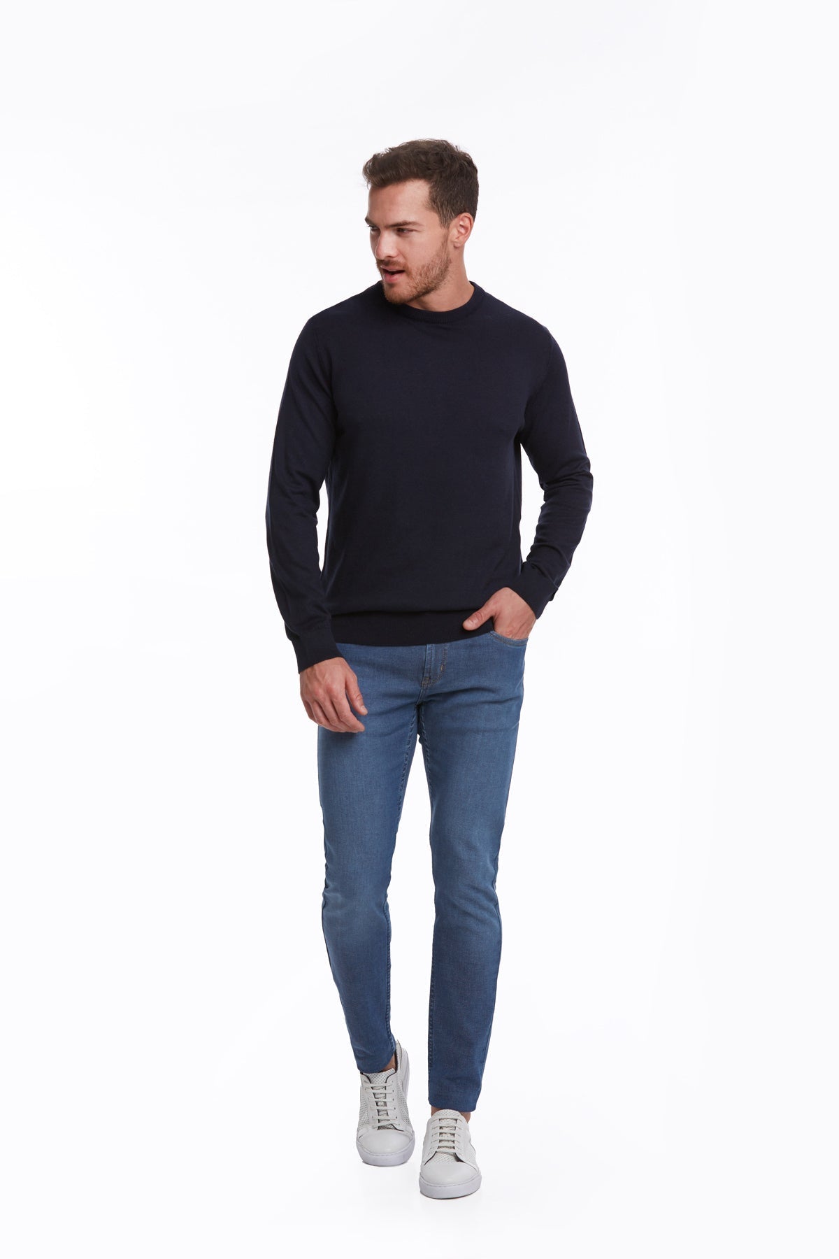 Regular Fit Cotton Navy Crewneck Sweater - SAYKI