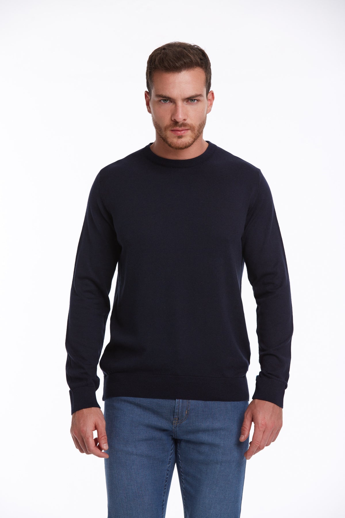 Regular Fit Cotton Navy Crewneck Sweater - SAYKI