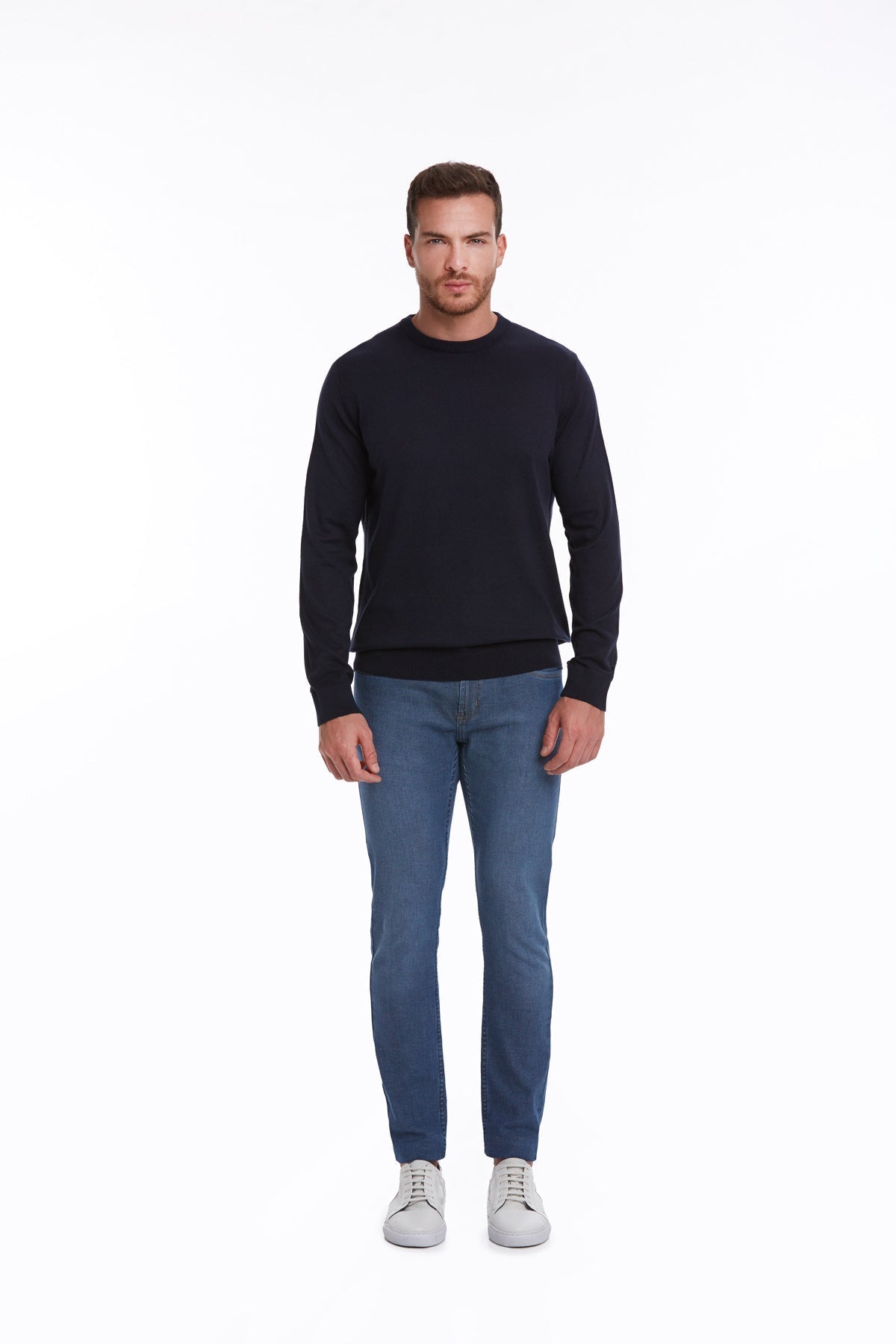 Regular Fit Cotton Navy Crewneck Sweater - SAYKI