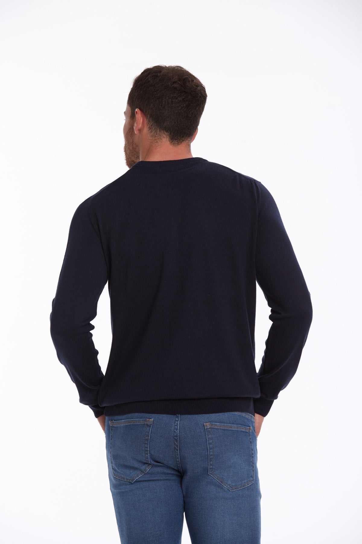 Regular Fit Cotton Navy Crewneck Sweater - SAYKI
