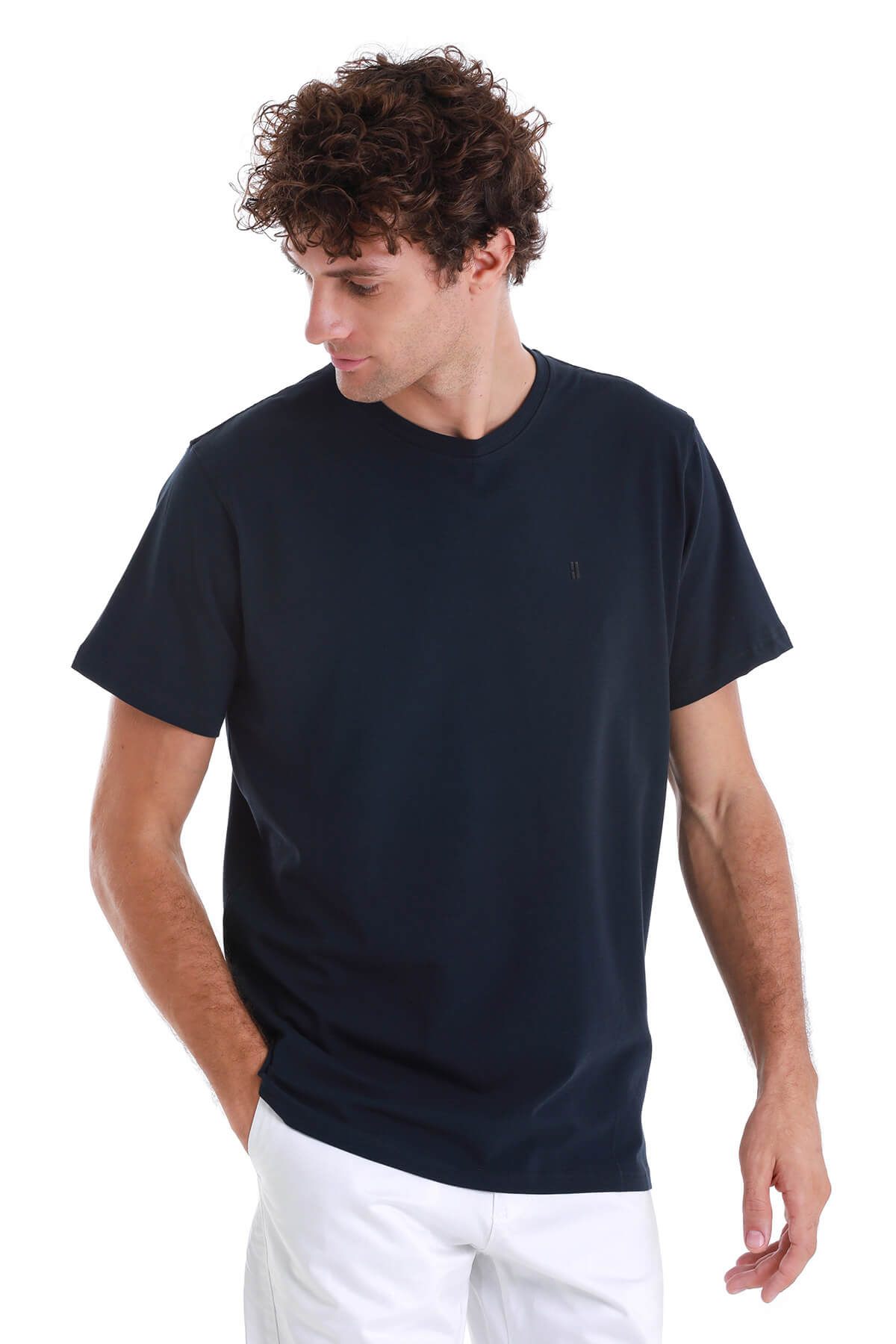 Regular Fit Cotton Navy Crewneck T-Shirt - SAYKI