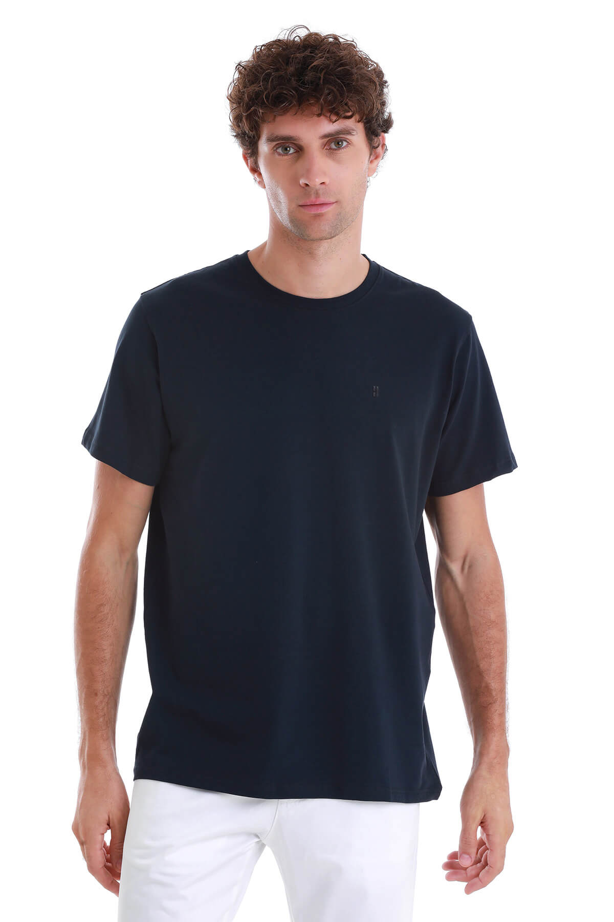 Navy blue cotton crew neck t-shirt with subtle embroidered logo on left chest