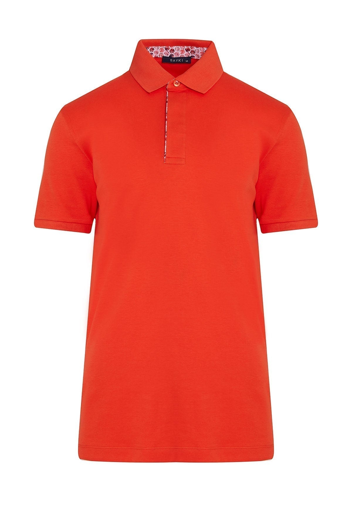 Bright orange short-sleeved polo shirt with a subtle patterned inner collar and matching button placket.