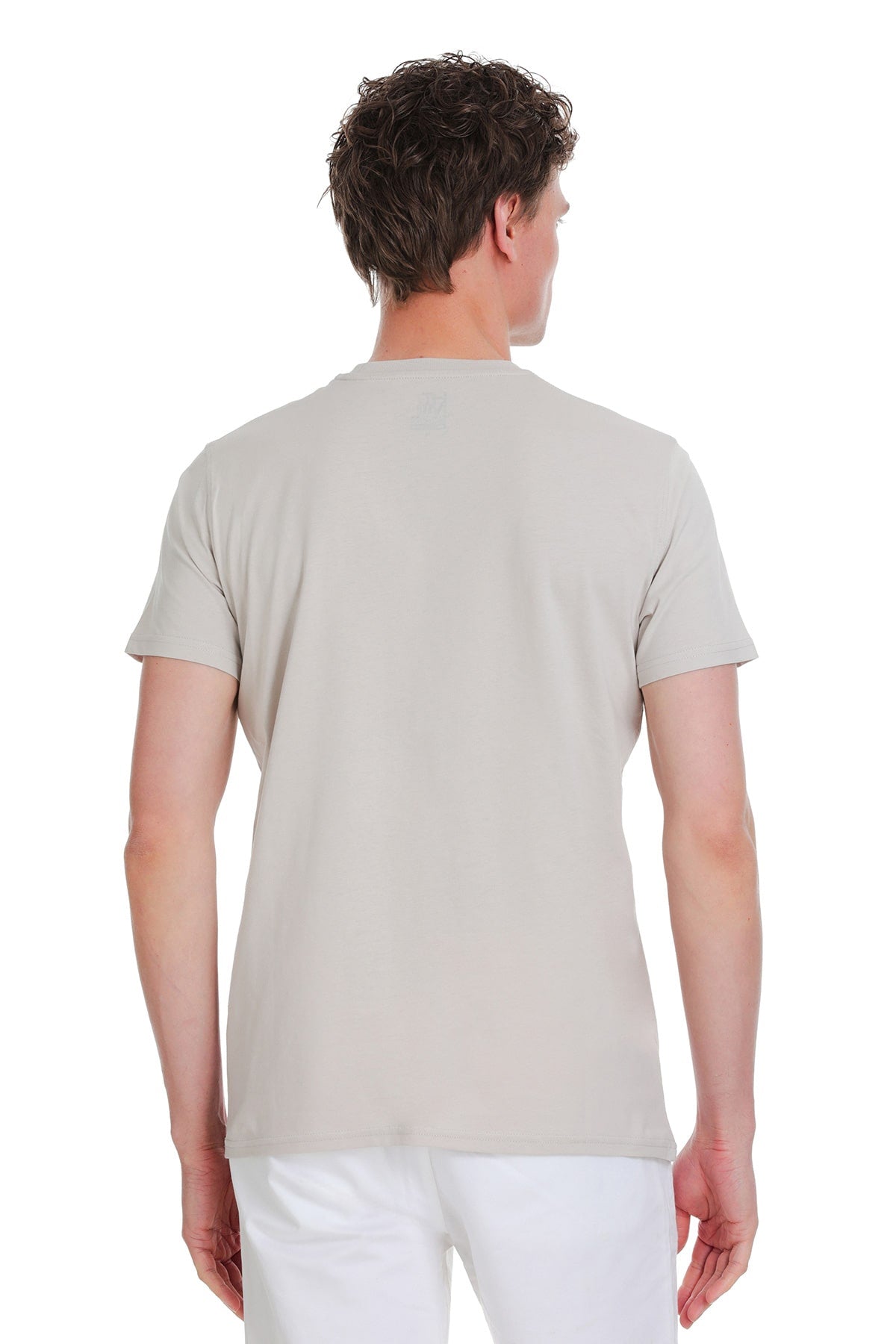 A men’s light gray cotton t-shirt with a simple crew neck and short sleeves.