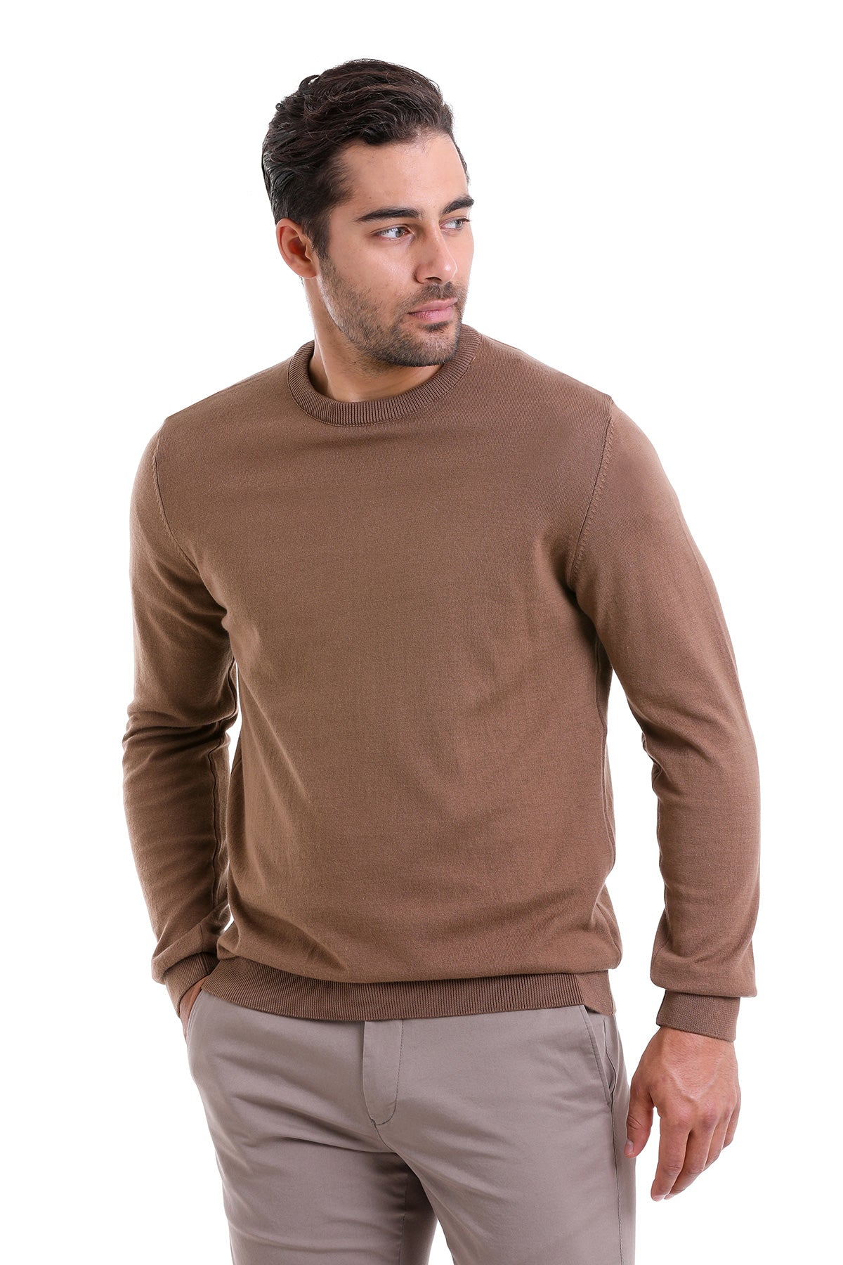 Regular Fit Cotton Tobacco Crewneck Sweater - SAYKI