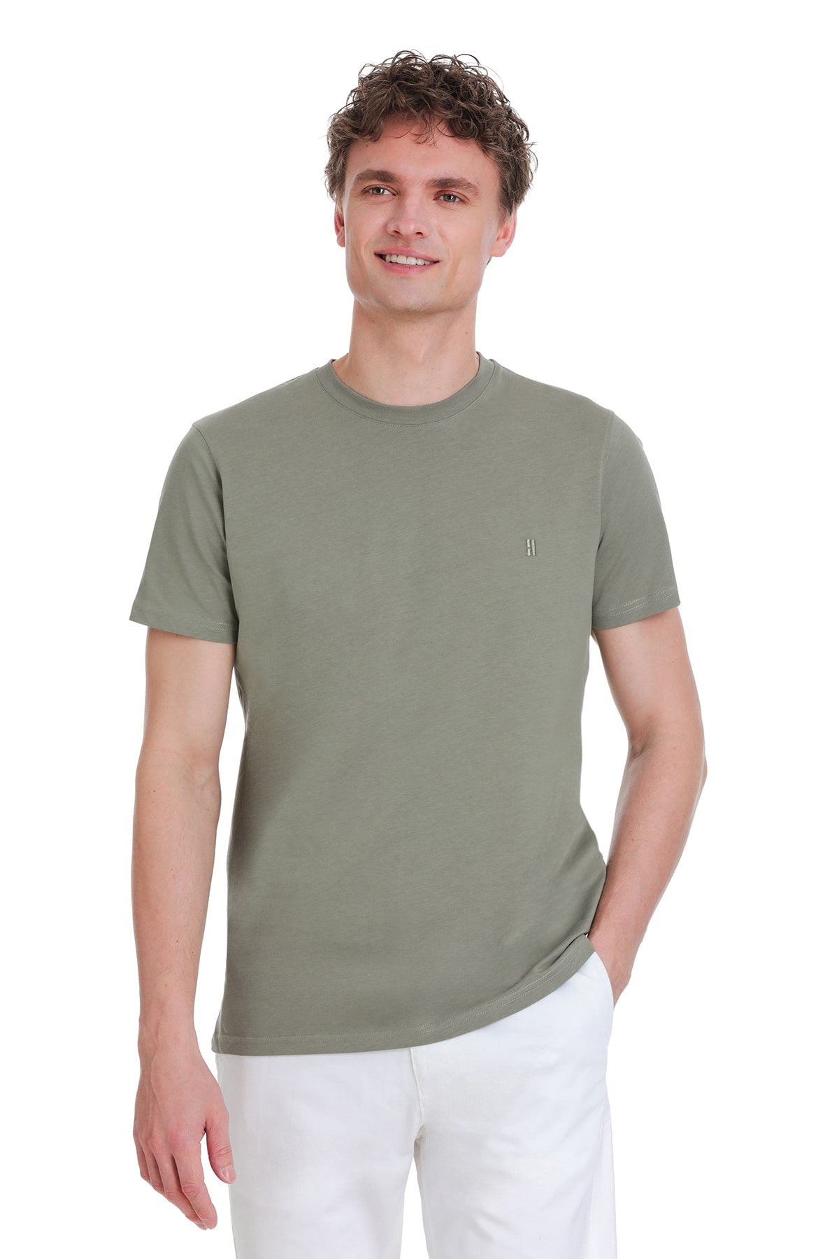 Regular Fit Cotton Vetiver Gray Crew Neck T-Shirt - SAYKI