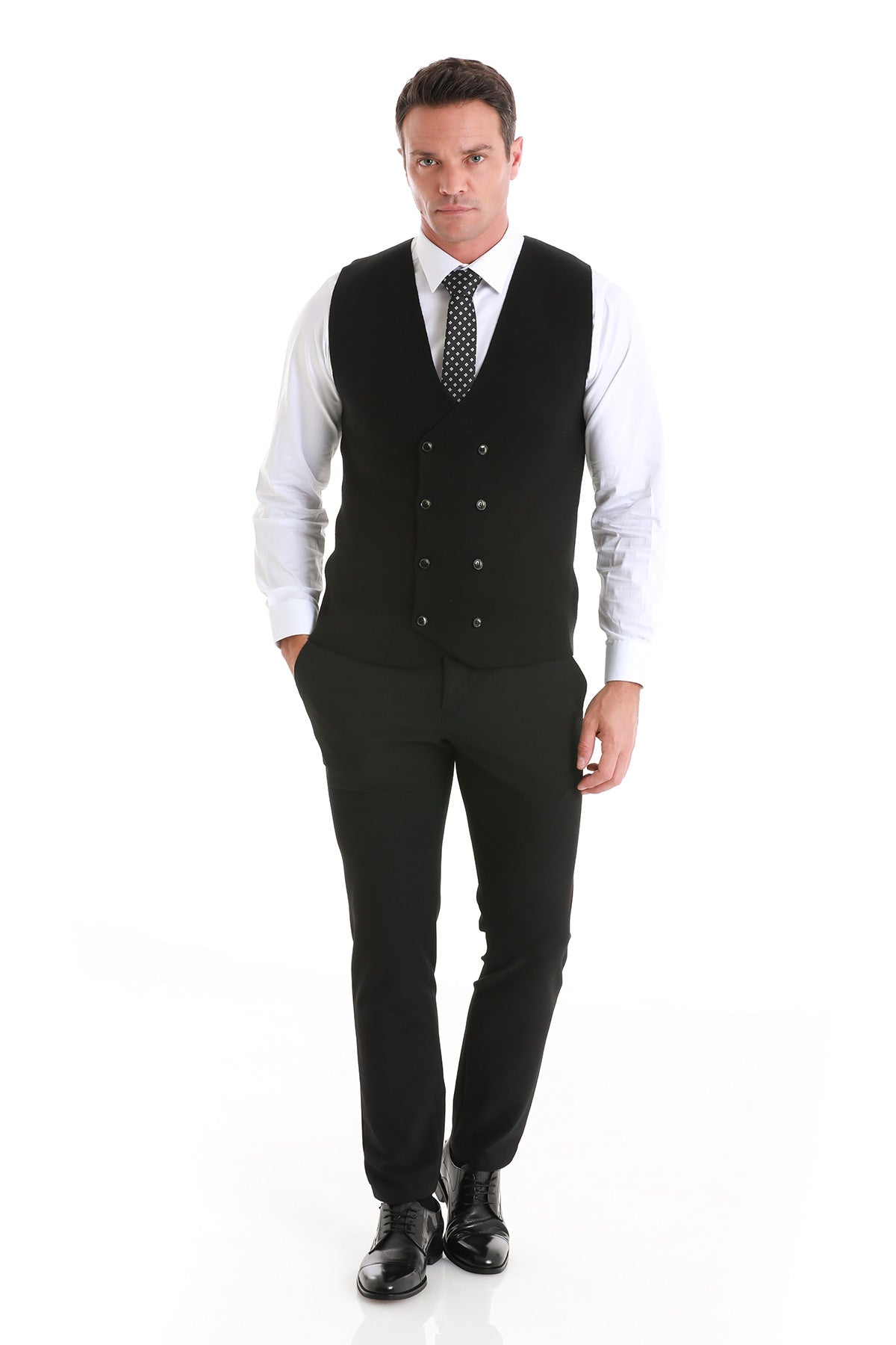 Regular Fit Double Breasted Black Knit Button Down Vest