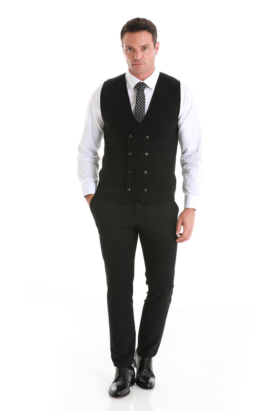 Regular Fit Double Breasted Black Knit Button Down Vest