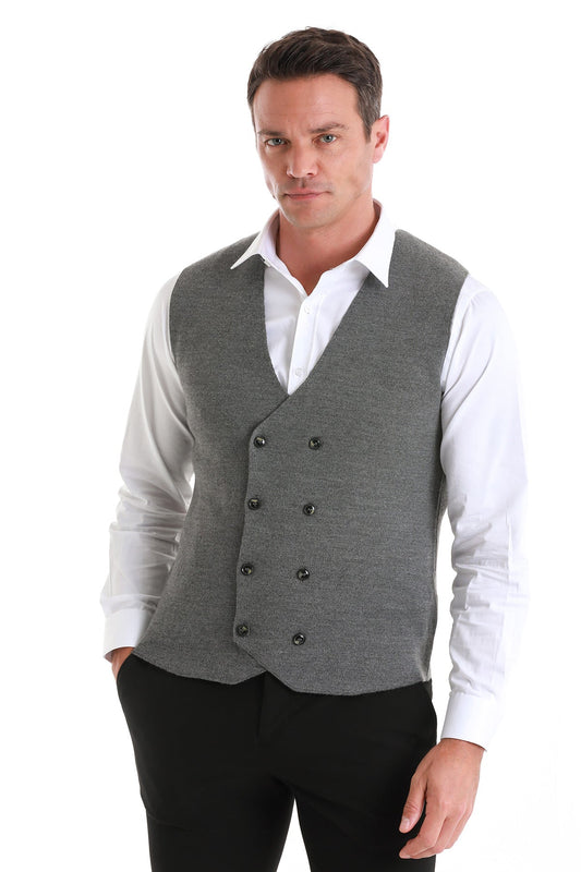 Gray double-breasted wool vest with black buttons.