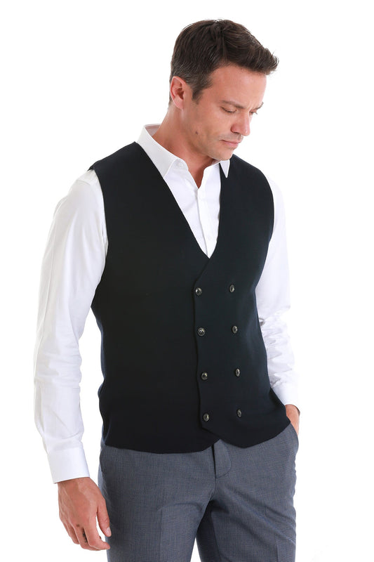 Regular Fit Double Breasted Navy Knit Button Down Vest