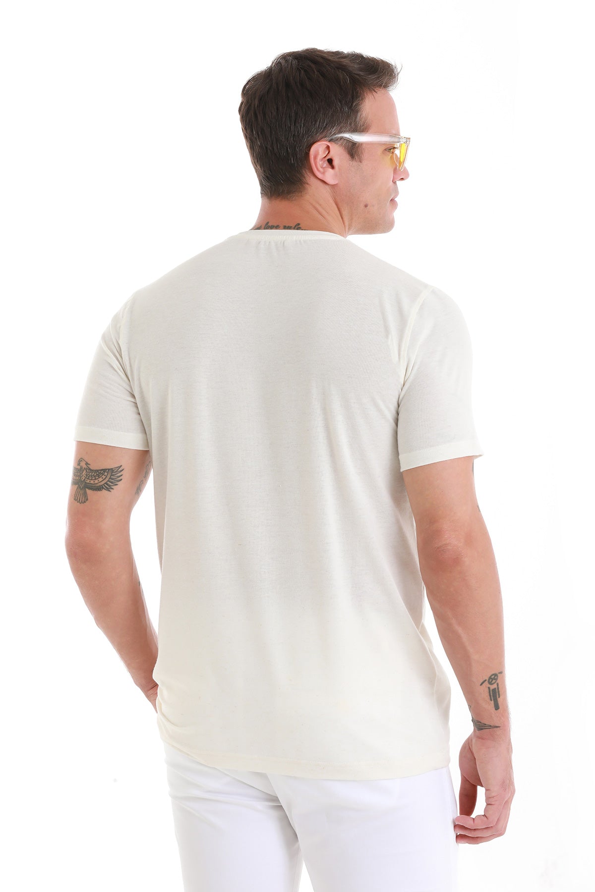 Regular Fit Ecru Linen-Blend Crewneck T-Shirt - SAYKI