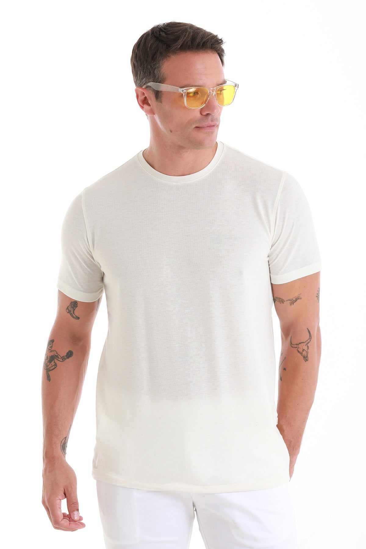 Regular Fit Ecru Linen-Blend Crewneck T-Shirt - SAYKI