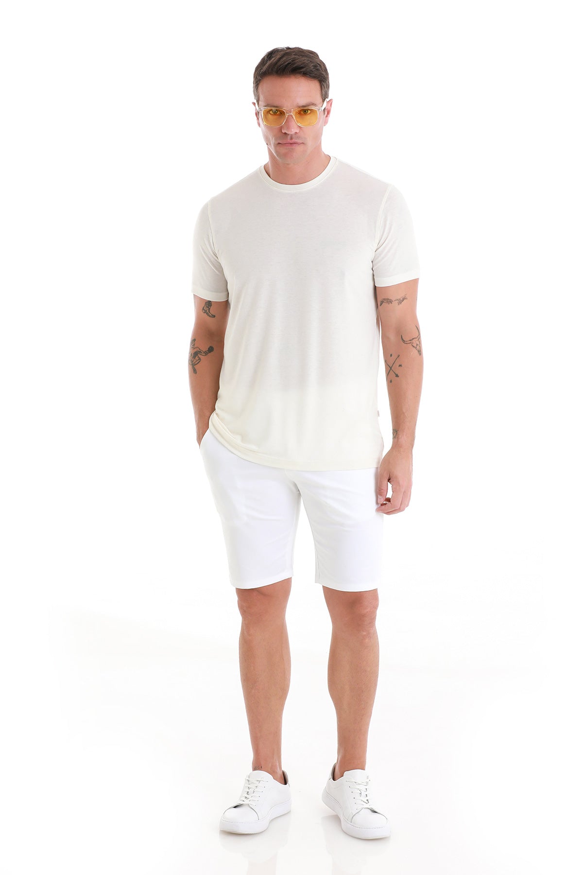 Regular Fit Ecru Linen-Blend Crewneck T-Shirt - SAYKI