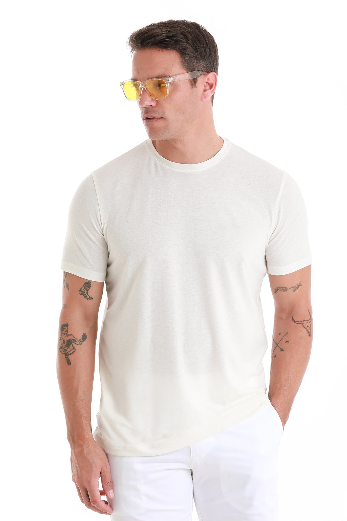 Regular Fit Ecru Linen-Blend Crewneck T-Shirt - SAYKI