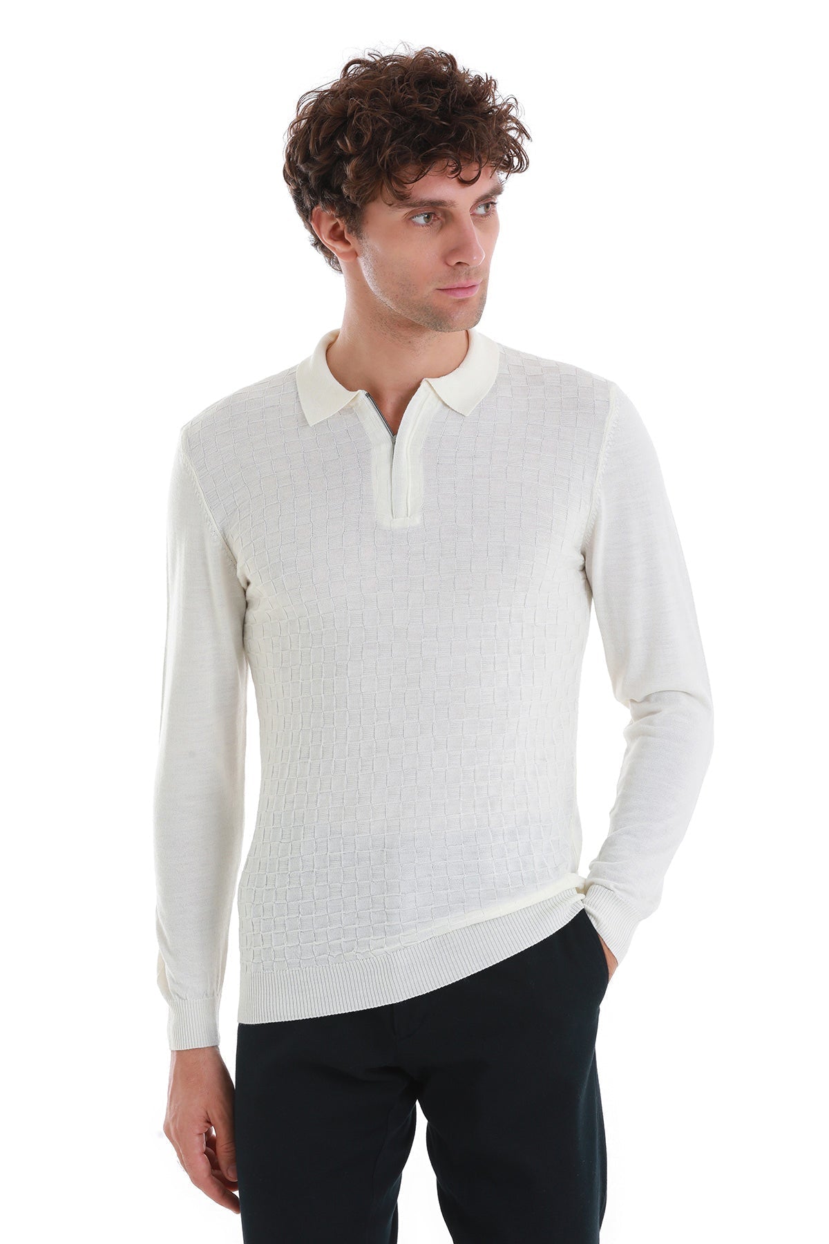 Regular Fit Ecru Wool Blend Polo Sweater - SAYKI
