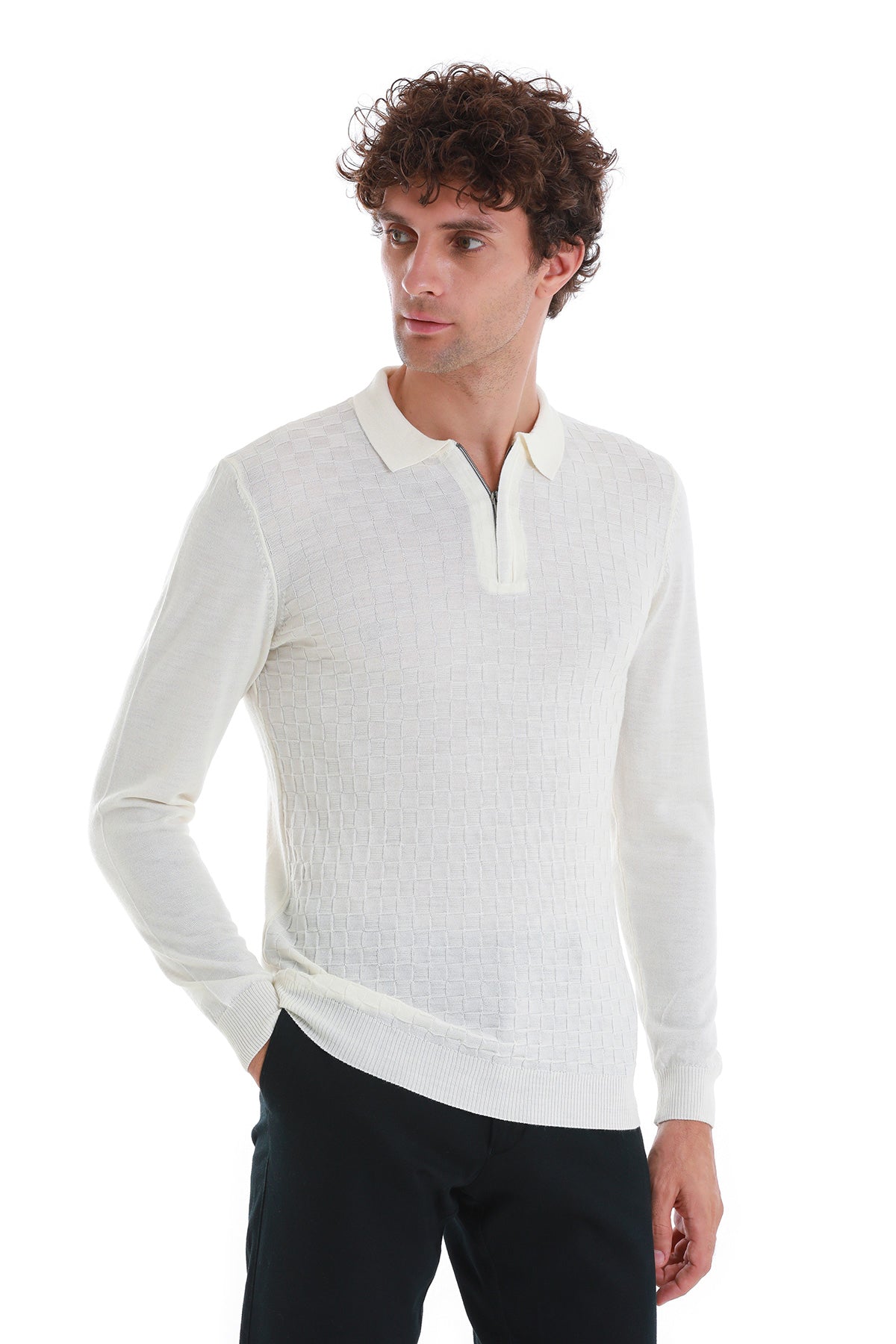 Regular Fit Ecru Wool Blend Polo Sweater - SAYKI