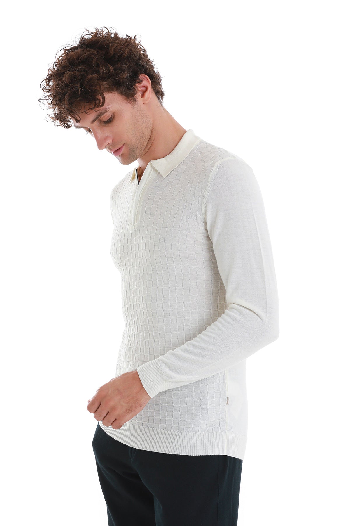 Regular Fit Ecru Wool Blend Polo Sweater - SAYKI