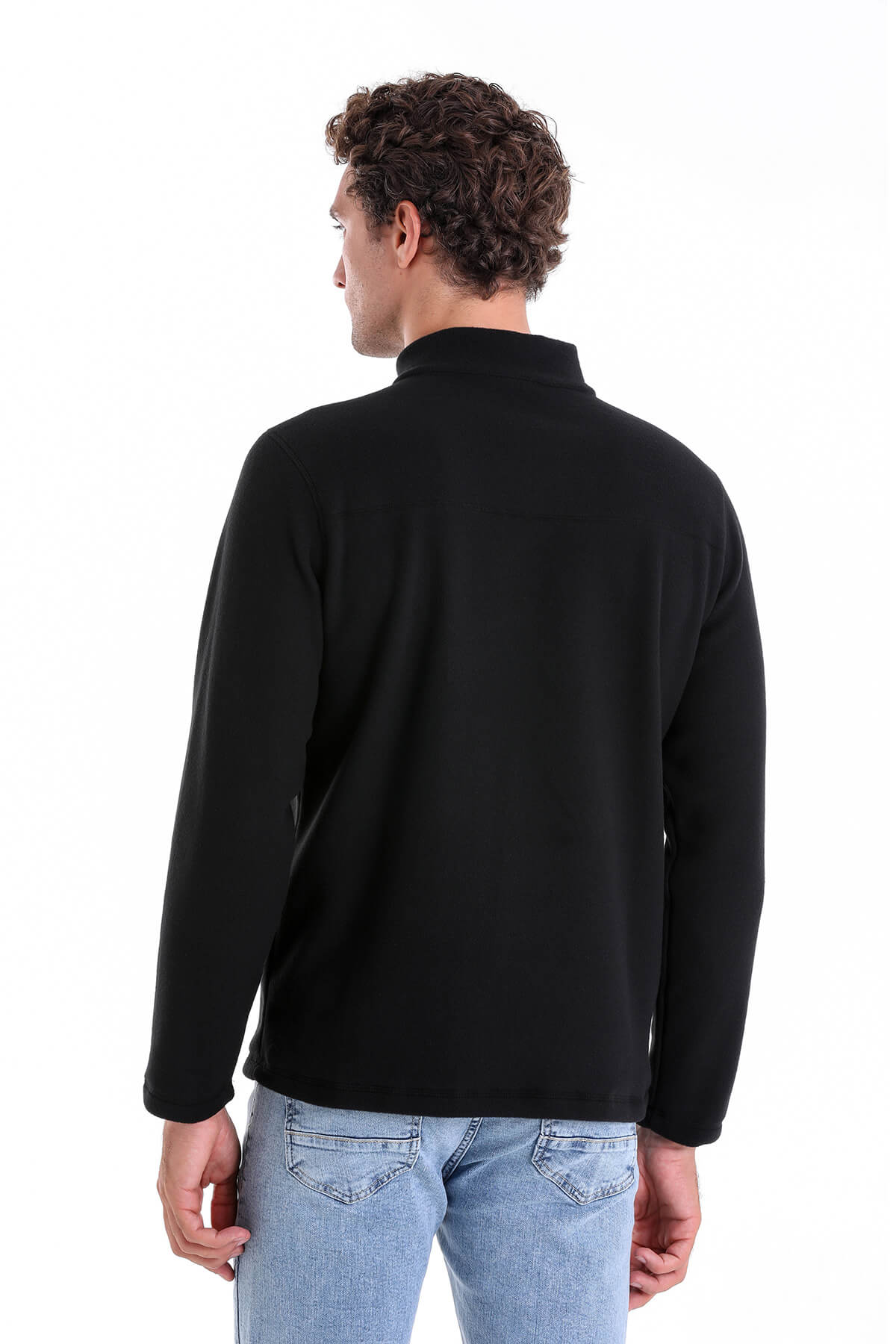 Regular Fit Fleece Black Mock Neck Sweatshirt - SAYKI