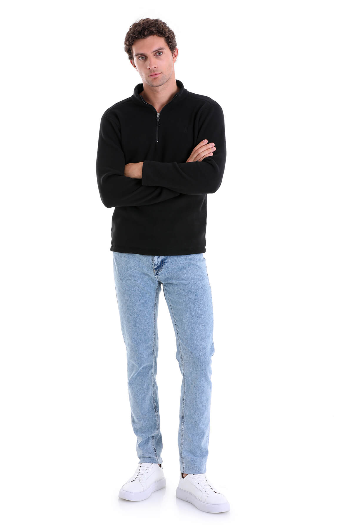 Regular Fit Fleece Black Mock Neck Sweatshirt - SAYKI