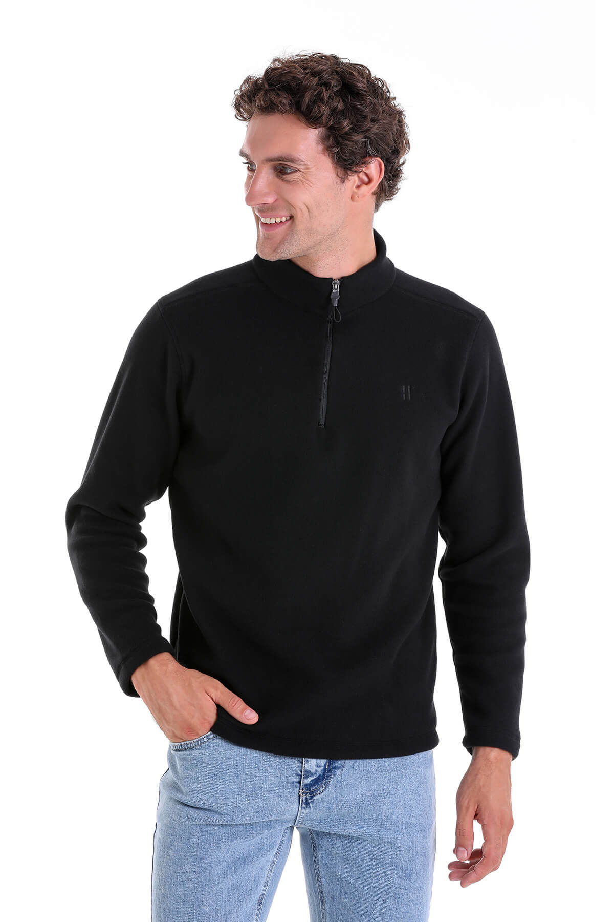 Regular Fit Fleece Black Mock Neck Sweatshirt - SAYKI