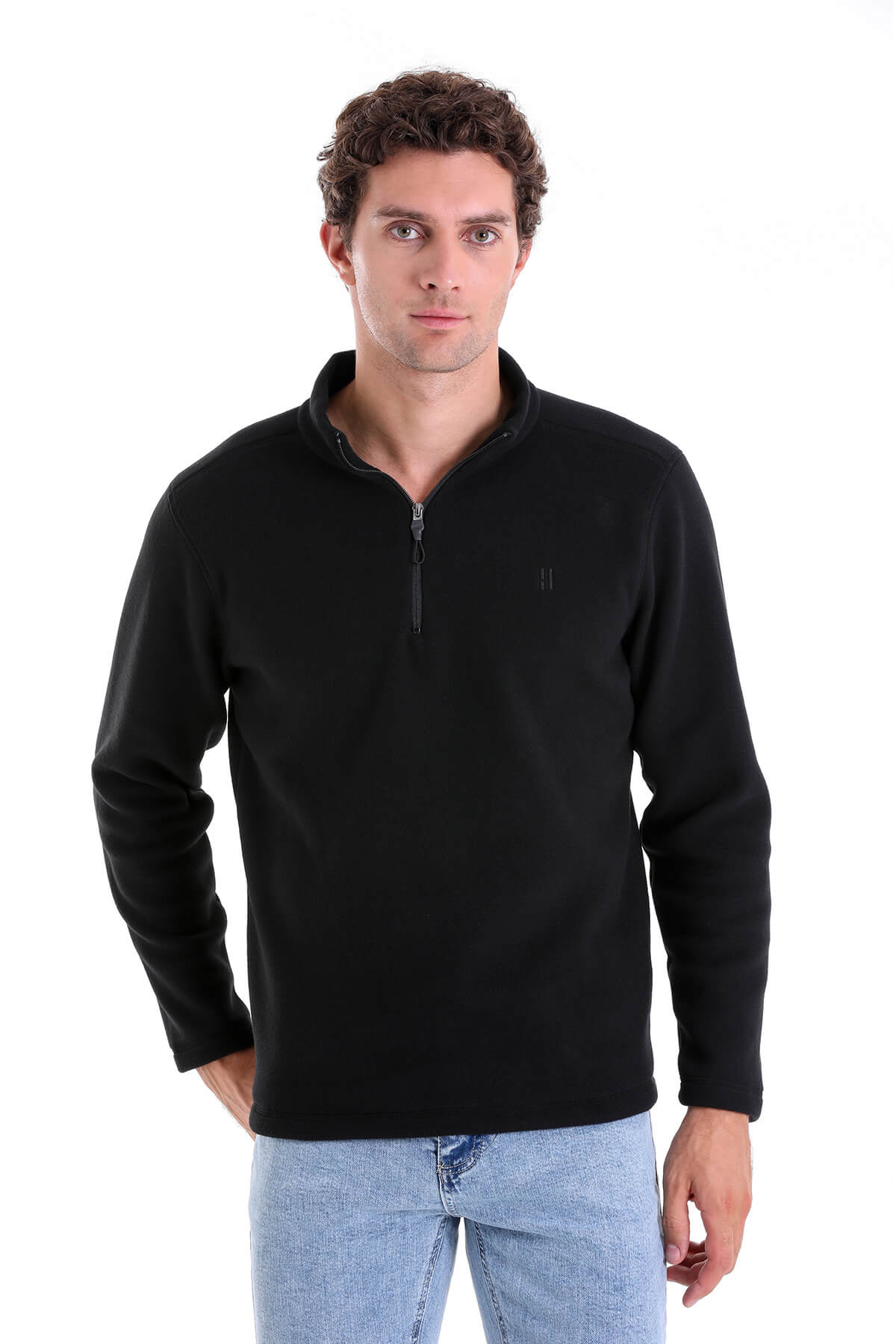 Regular Fit Fleece Black Mock Neck Sweatshirt - SAYKI