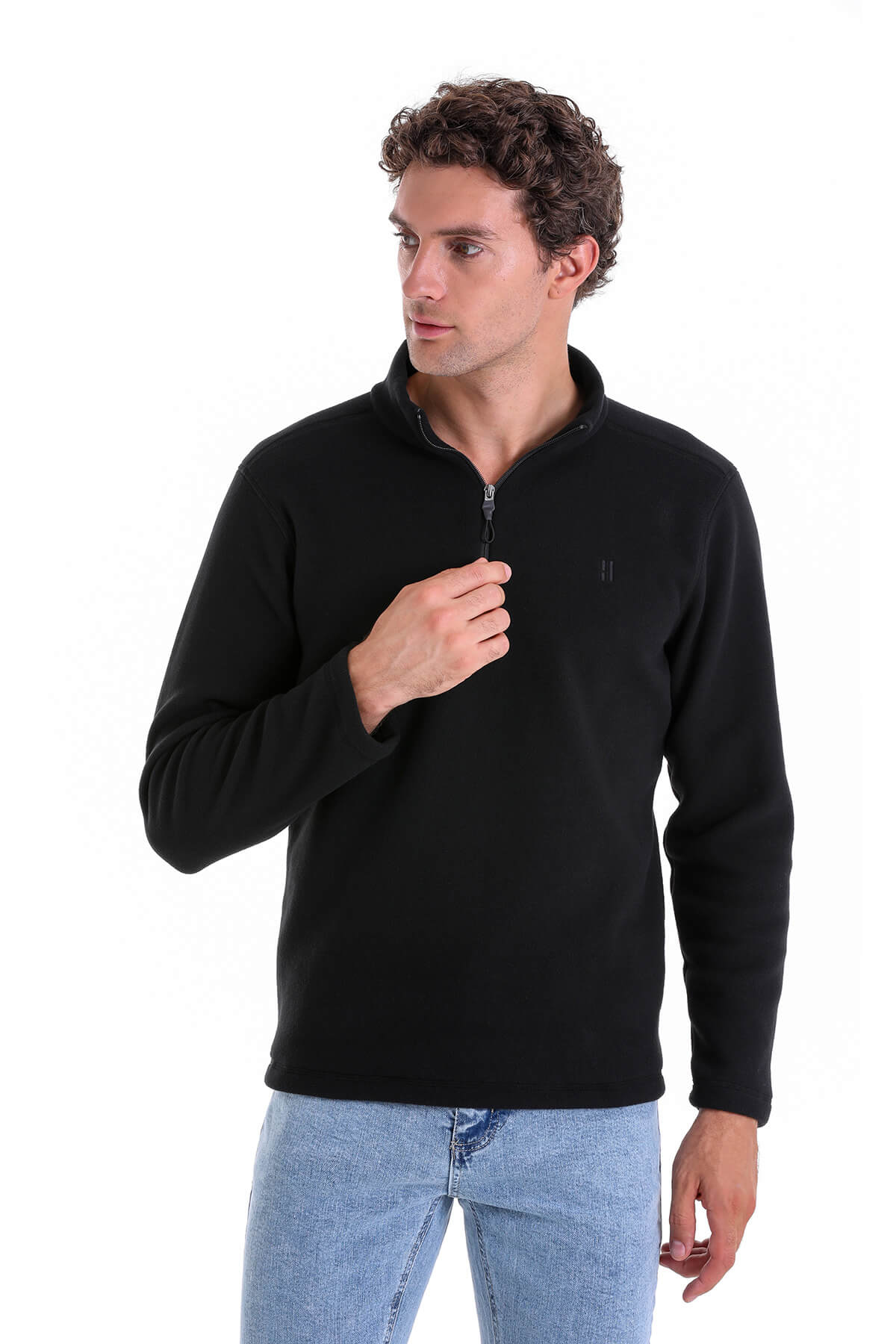 Regular Fit Fleece Black Mock Neck Sweatshirt - SAYKI