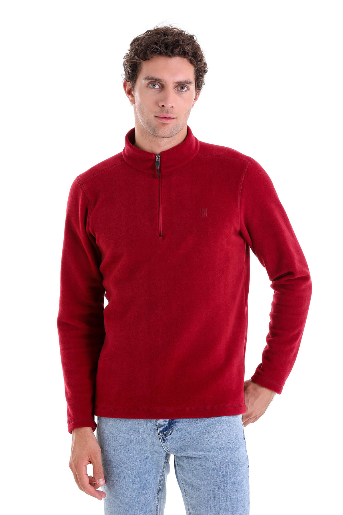 Regular Fit Fleece Burgundy Mock Neck Sweatshirt - SAYKI