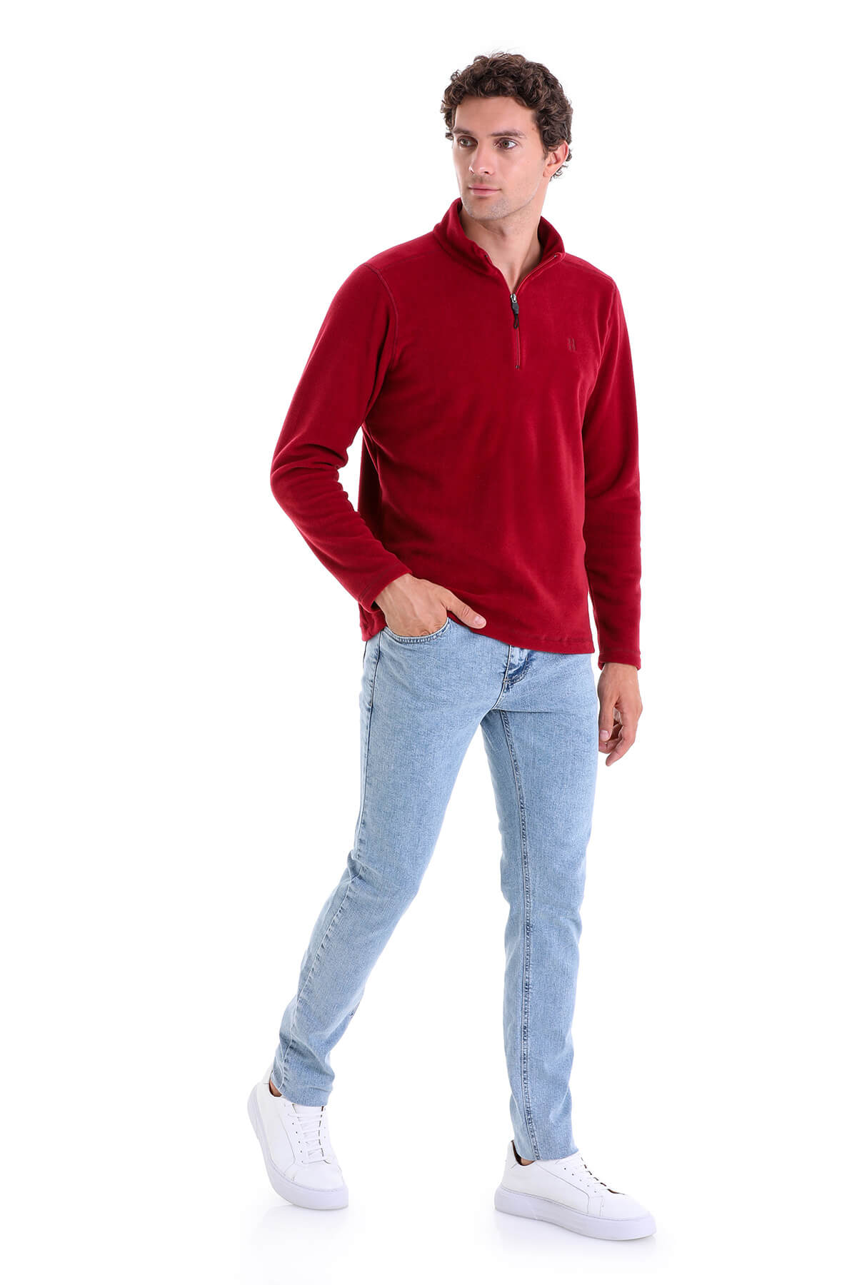 Regular Fit Fleece Burgundy Mock Neck Sweatshirt - SAYKI